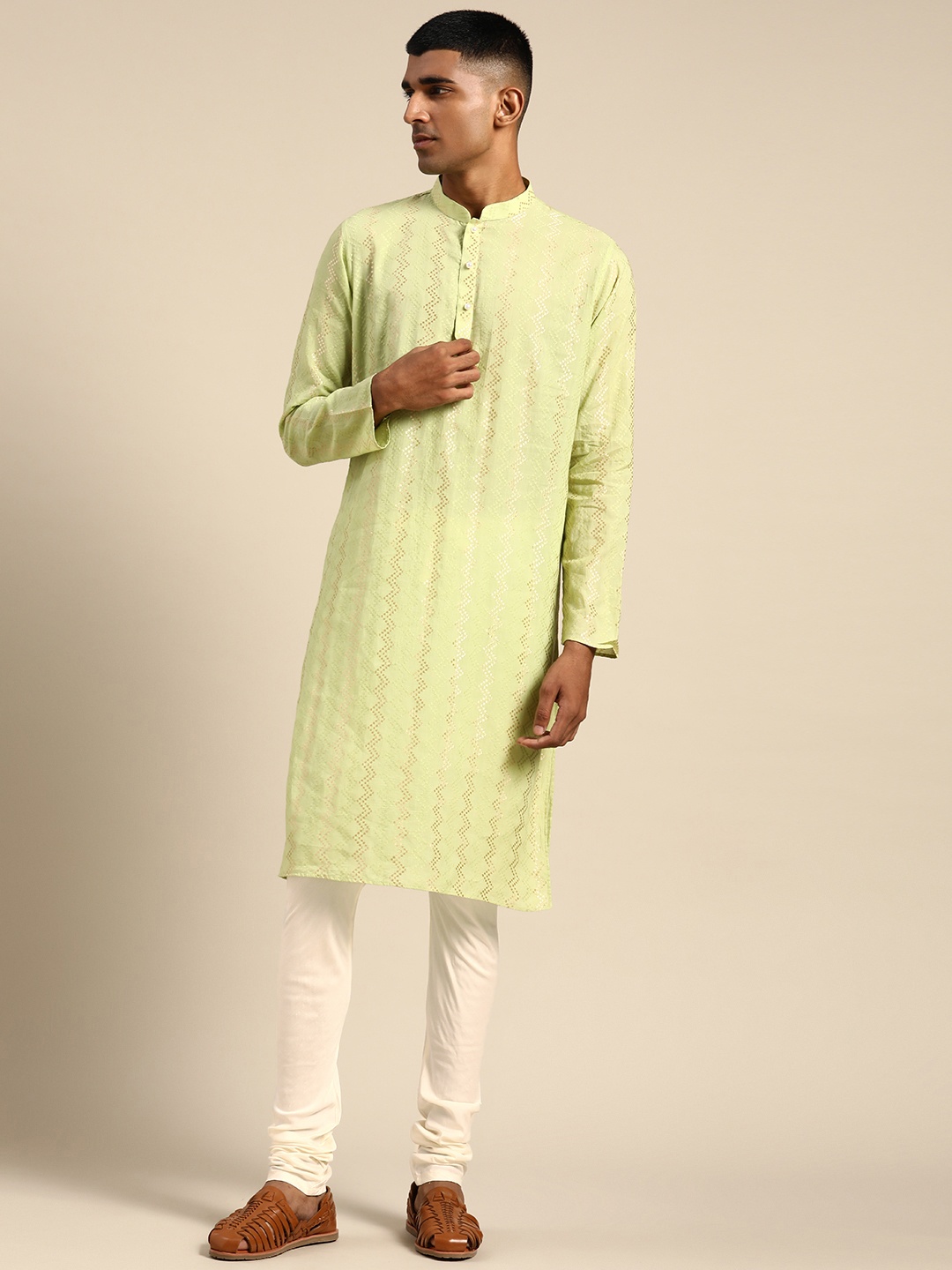 

Sangria Chevron Woven Design Mandarin Collar Straight Kurta With Churidar, Green