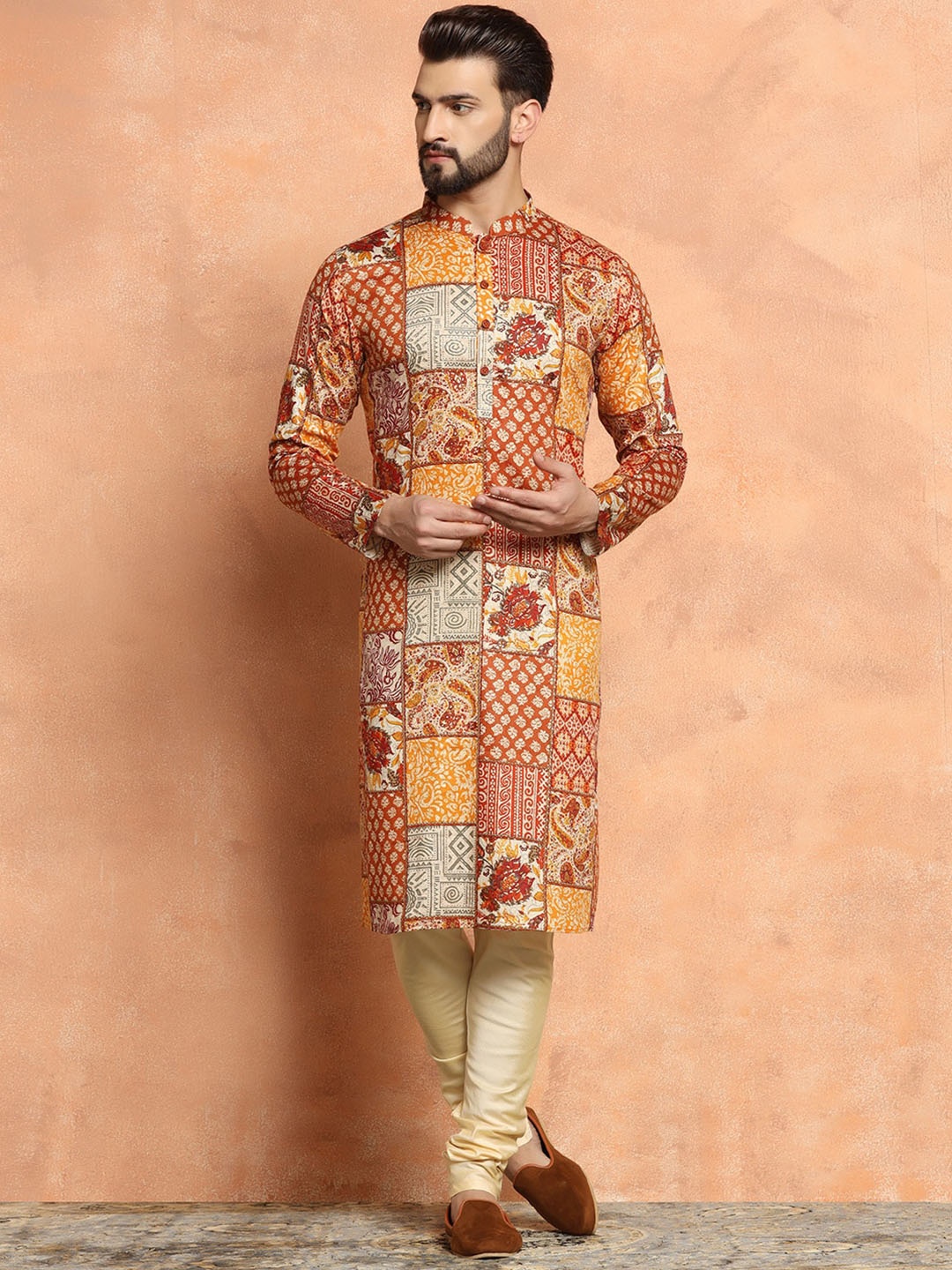 

Sangria Orange- Coloured Ethnic Printed Mandarin Collar Straight Kurta With Churidar