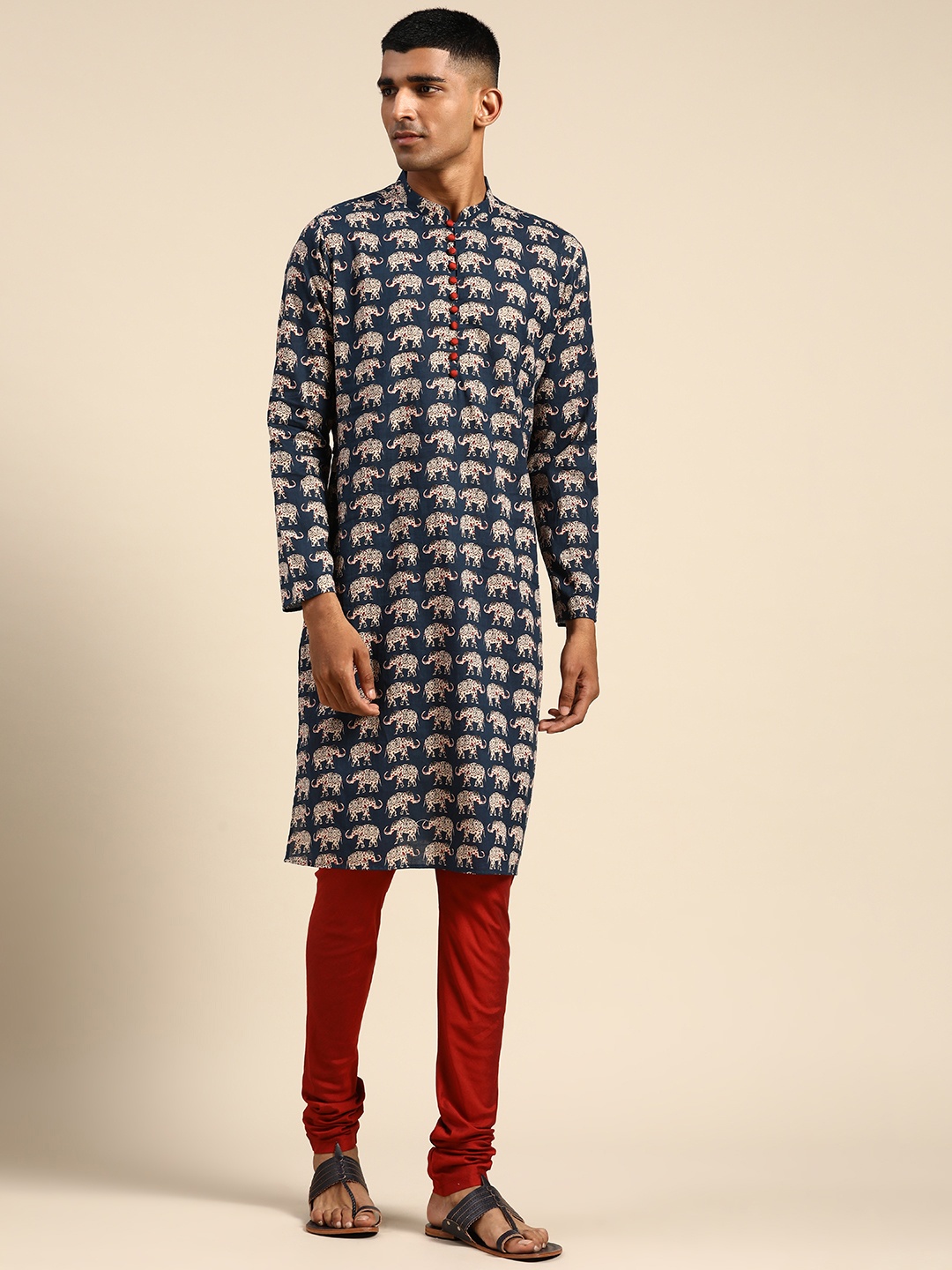 

Sangria Ethnic Motifs Printed Straight Mandarin Collar Kurta With Churidar, Navy blue