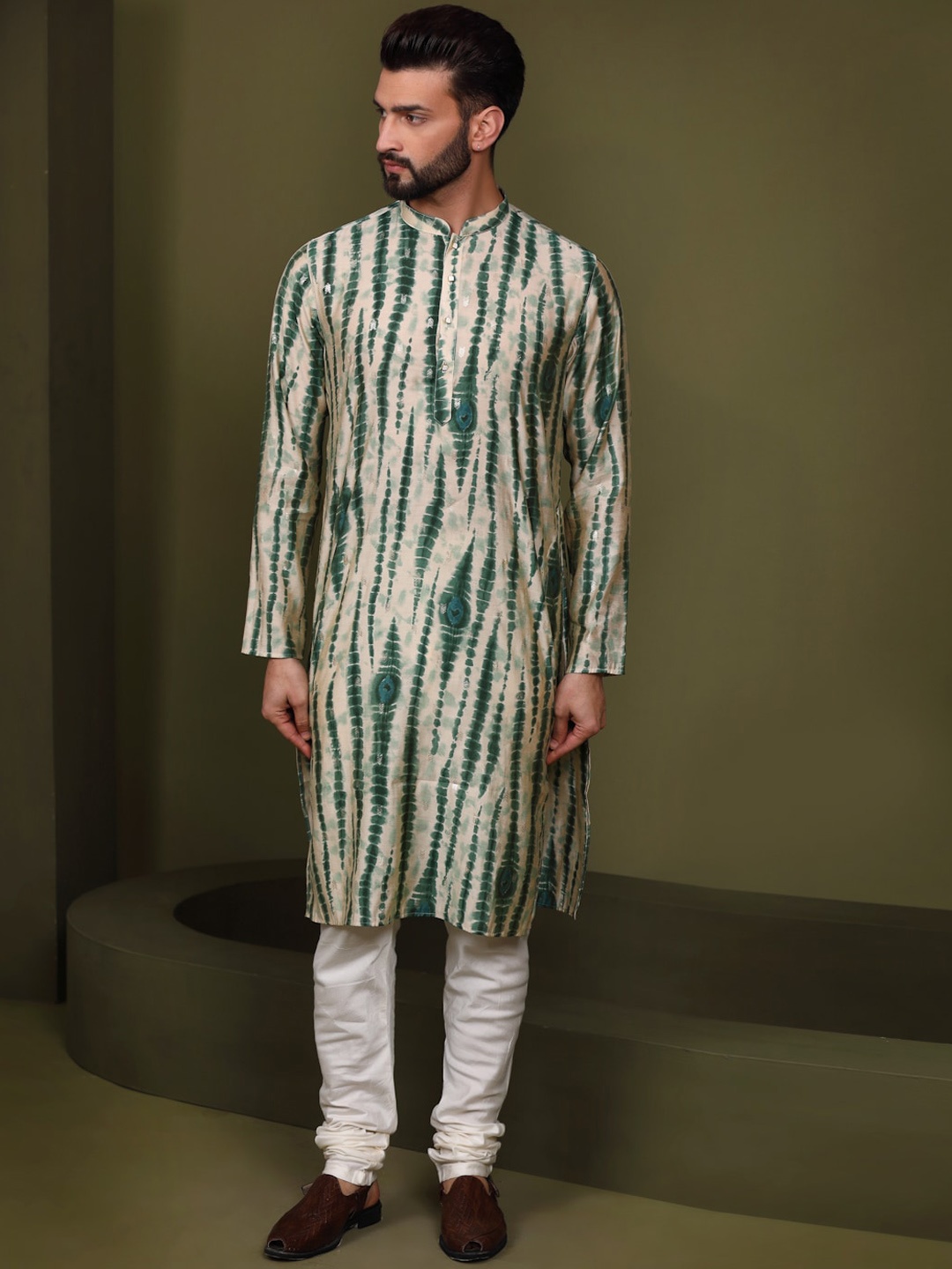 

Sangria Printed Straight Mandarin Collar Kurta With Churidar Set, Beige