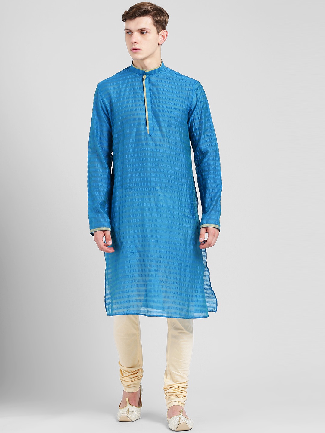 

Sangria Self Design Straight Mandarin Collar Kurta With Churidar, Blue