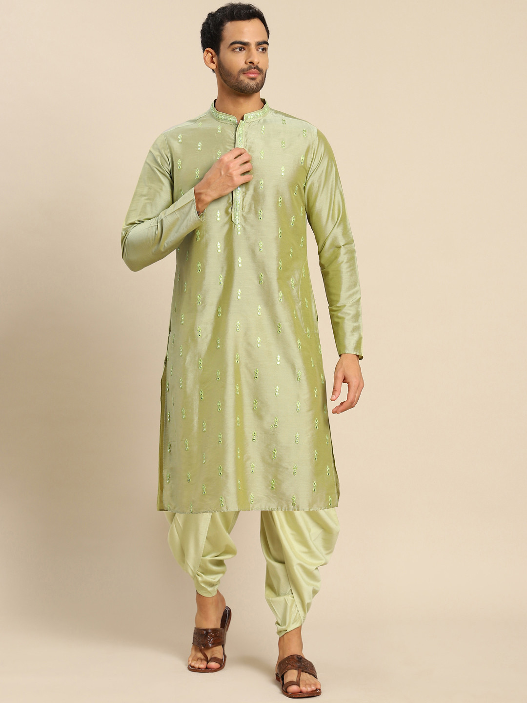 

Sangria Embroidered Mirror Work Mandarin Collar Straight Kurta With Dhoti Pants, Green