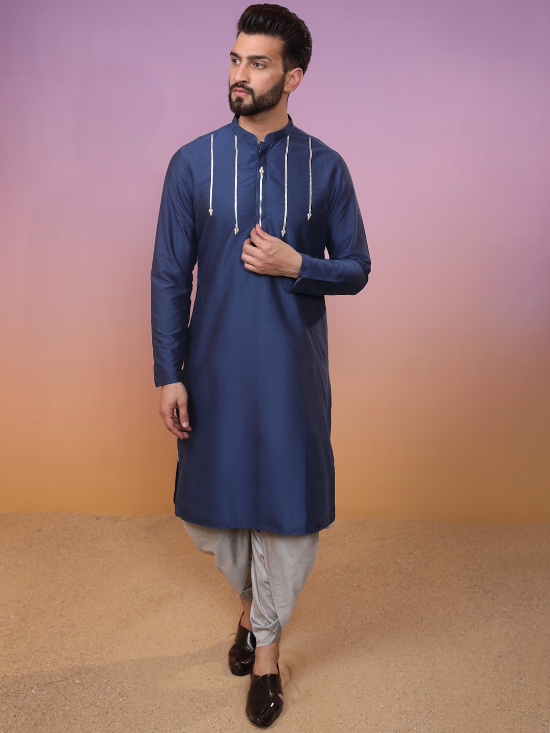

Sangria Mandarin Collar Gotta Patti Detailed Straight Kurta, Blue