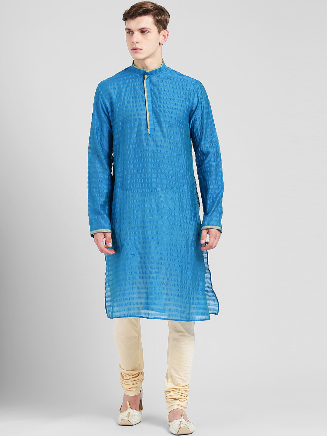 

Sangria Striped Mandarin Collar Long Sleeves Jacquard Kurta, Blue