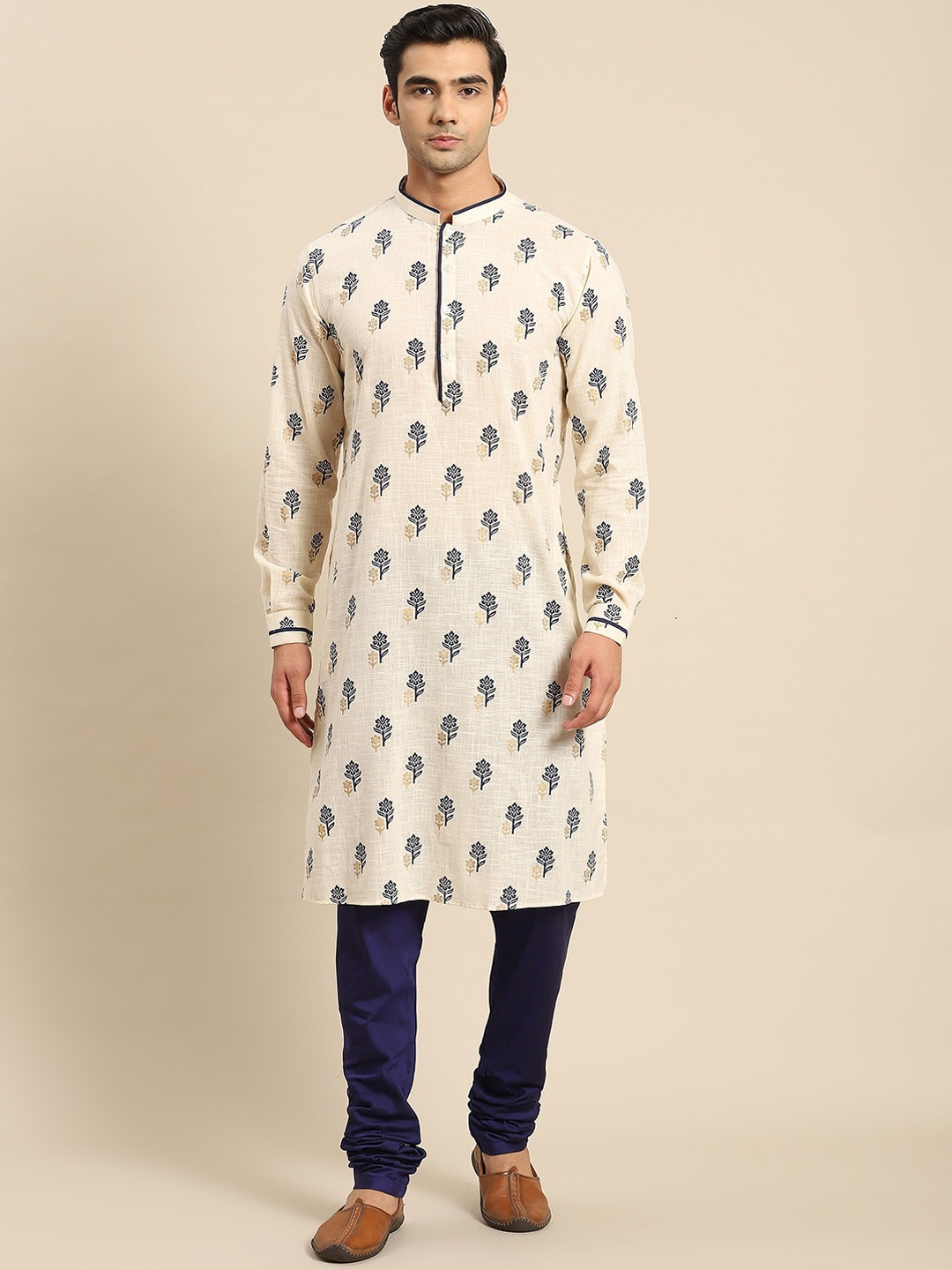

Sangria Floral Printed Mandarin Collar Cotton Straight Kurta, White