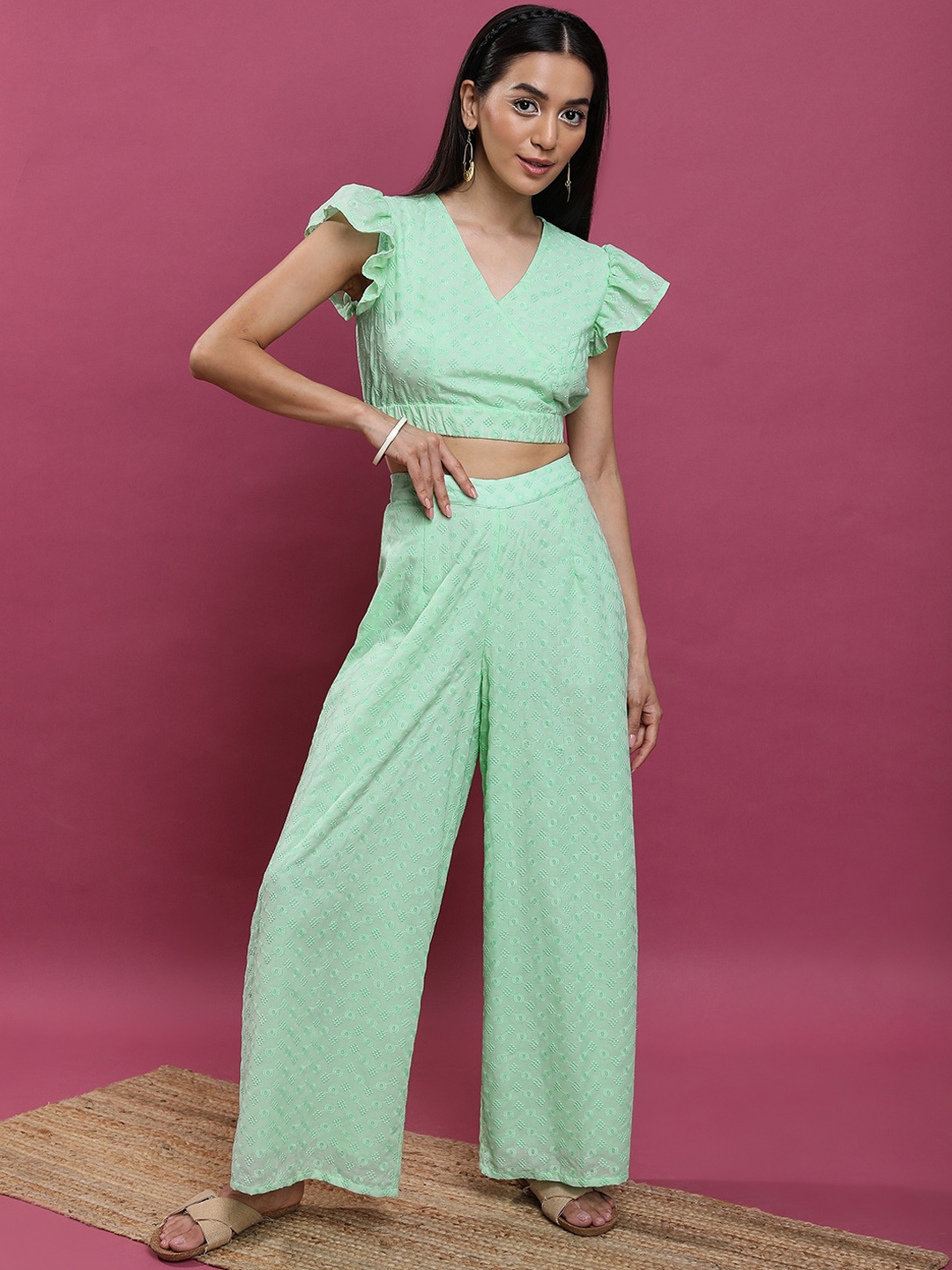 

Vishudh Embroidered Flutter Sleeves Crop Top With Palazzo, Green