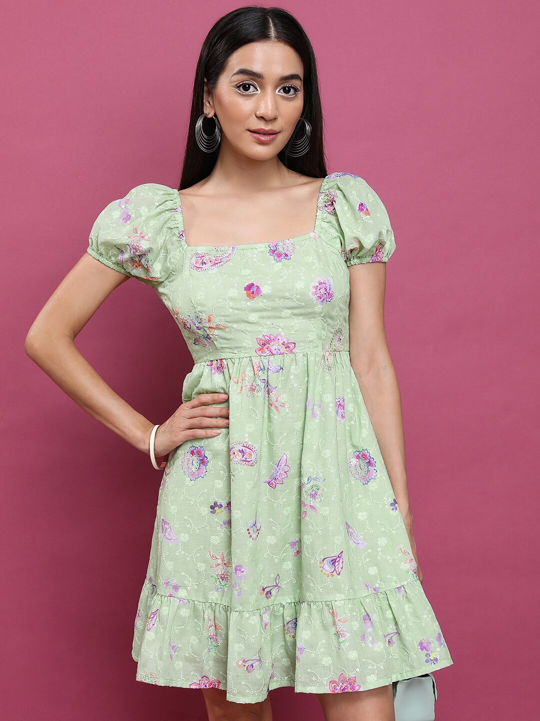 

Vishudh Floral Embroidered Square Neck Puff Sleeves A-Line Above Knee Dress, Green