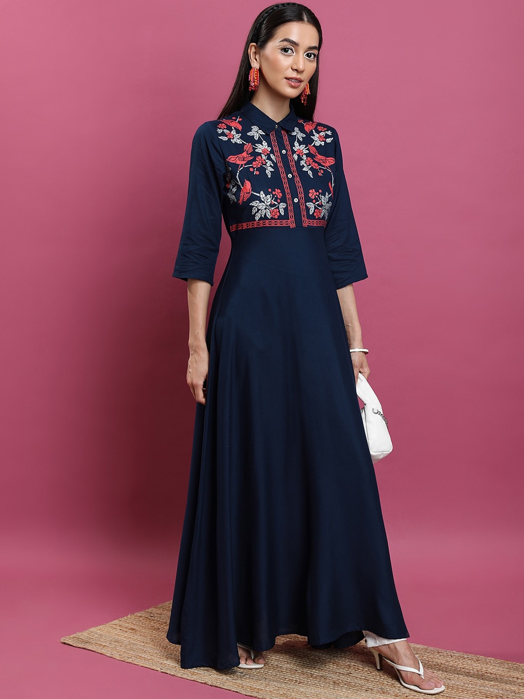 

Vishudh Floral Printed Yoke Design Shirt Collar Three-Quarter Sleeves Anarkali Kurta, Navy blue