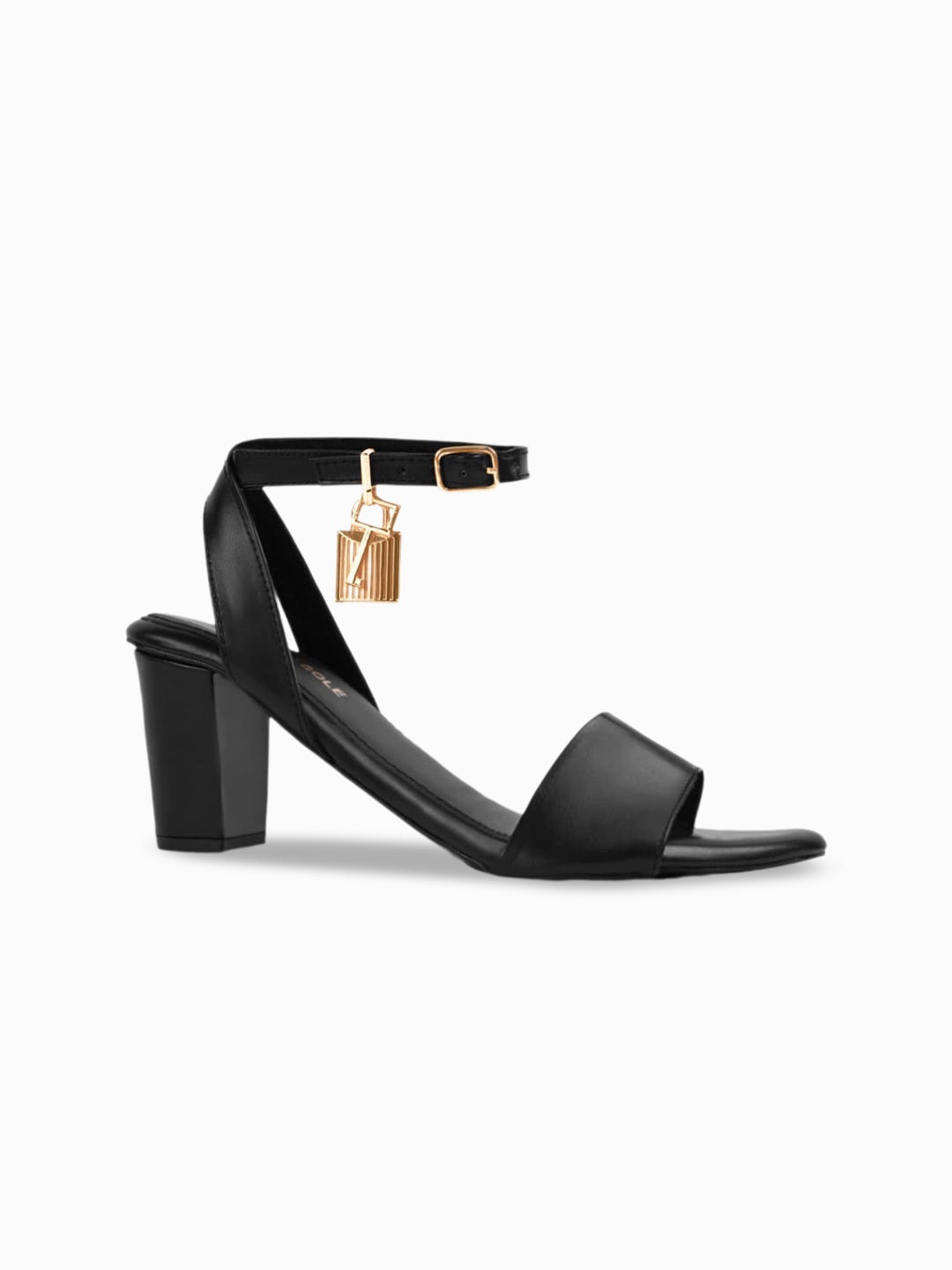 

Signature Sole Open Toe Block Heels With Ankle Loop Buckles Detail, Black