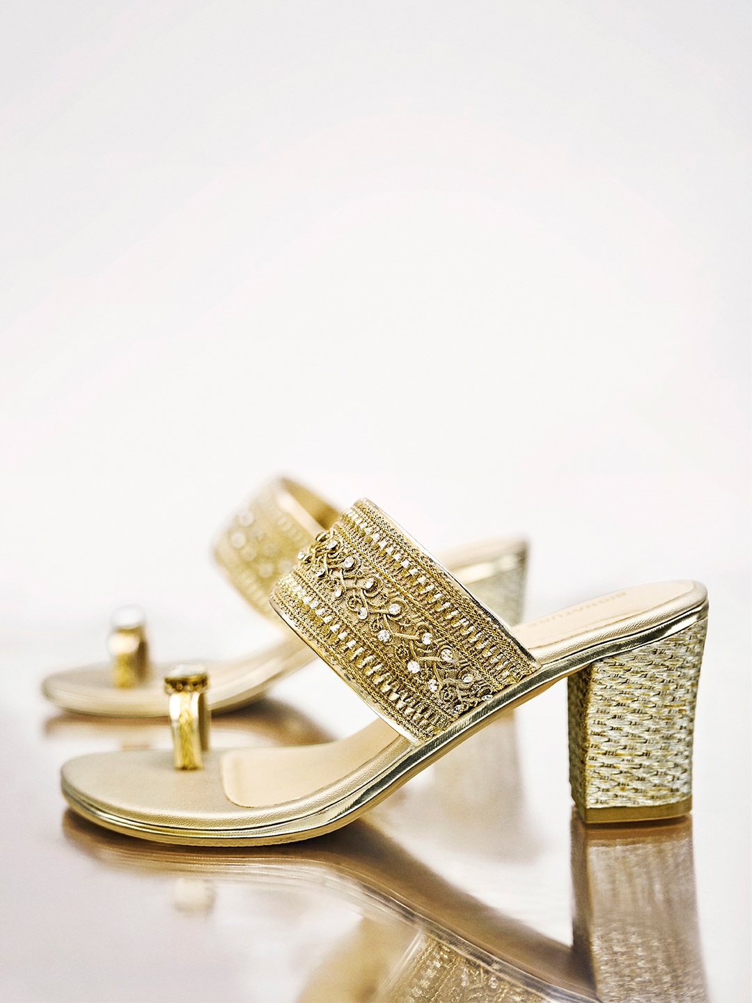 

Signature Sole Ethnic Embellished Block Heels, Gold