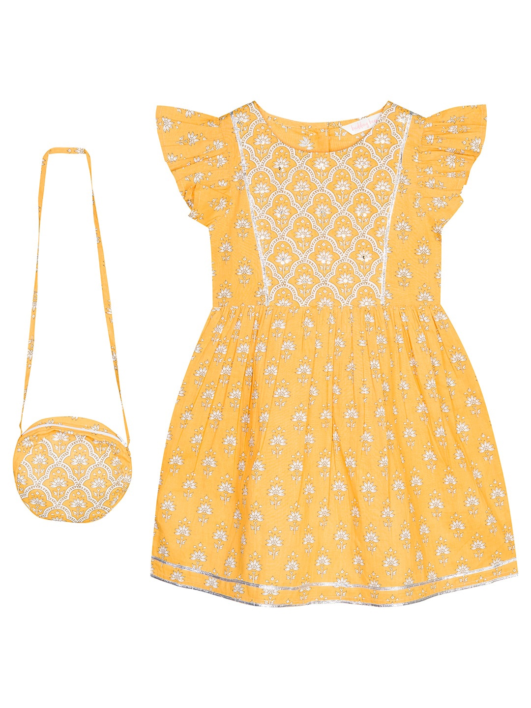 

Budding Bees Girls Floral Print Flutter Sleeve Sequinned Cotton Fit & Flare Dress With Bag, Yellow