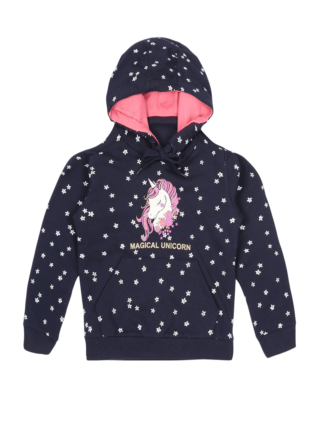 

PLUM TREE Girls Unicorn Printed Hooded Pure Cotton Pullover Sweatshirt, Navy blue