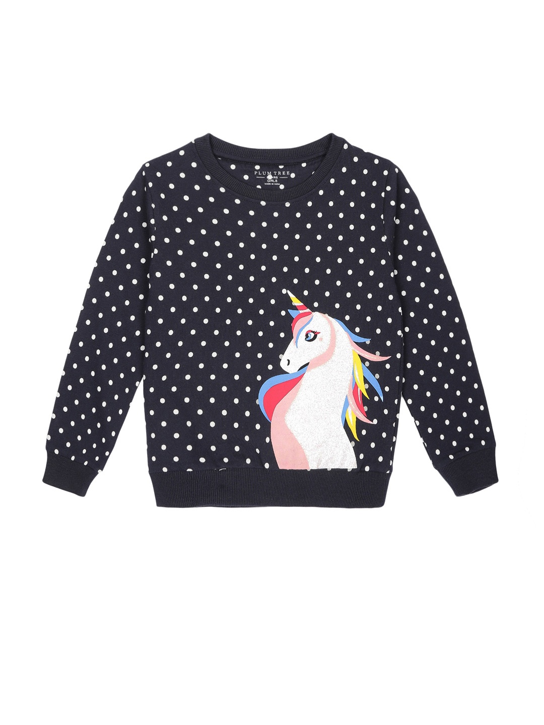 

PLUM TREE Girls Unicorn Printed Pure Cotton Pullover Sweatshirt, Navy blue