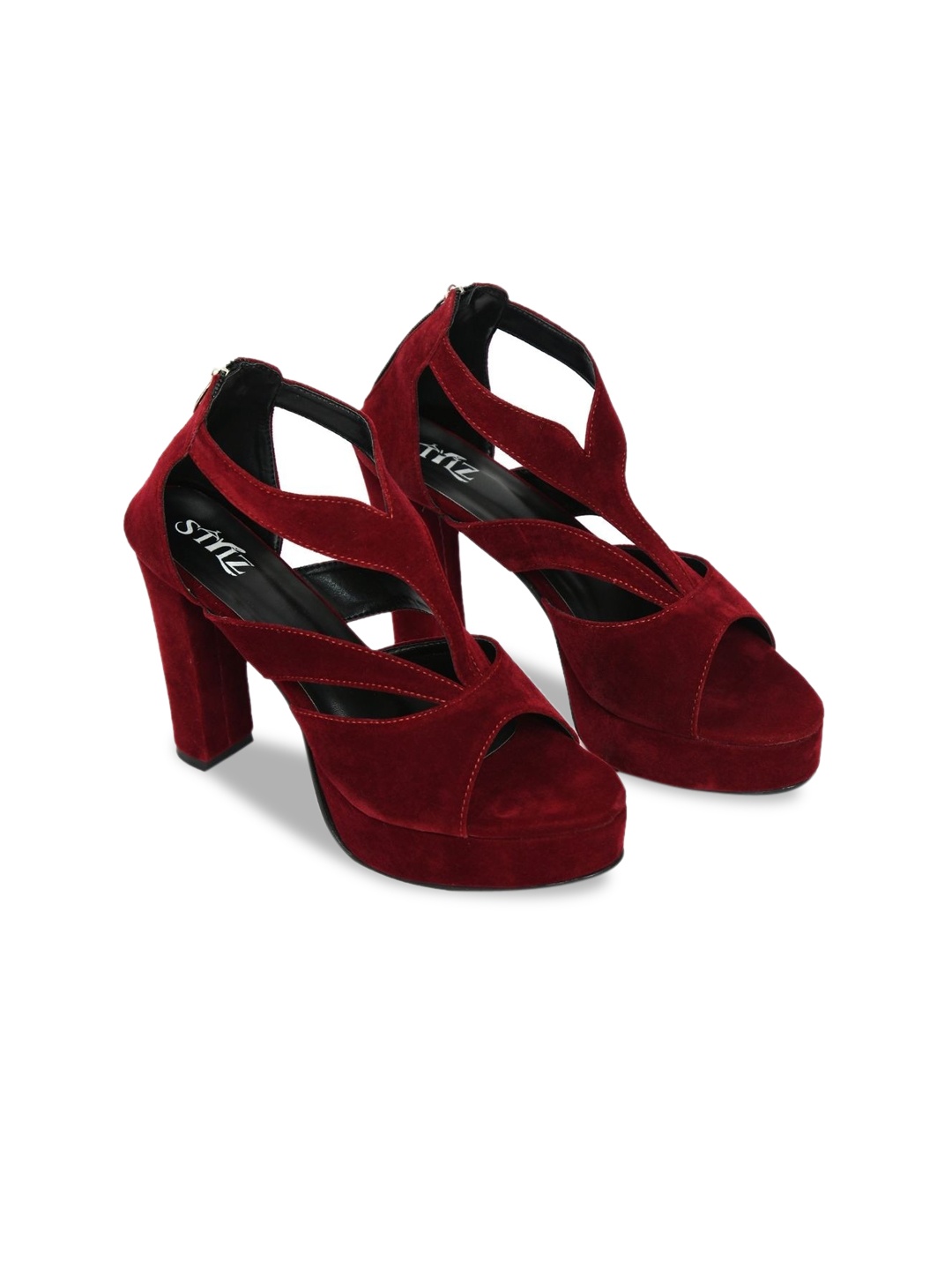 

stylzrepublic Velvet Peep Toe Block Heels With Backstrap, Maroon