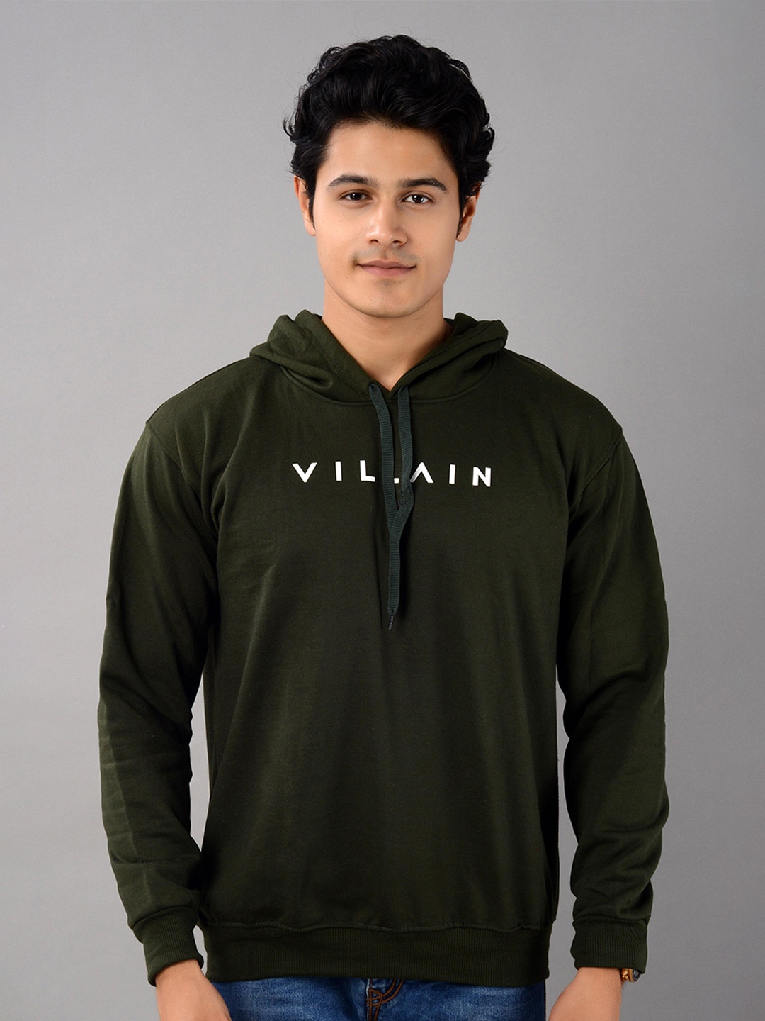 

VILLAIN Brand Logo Printed Hooded Sweatshirt, Olive