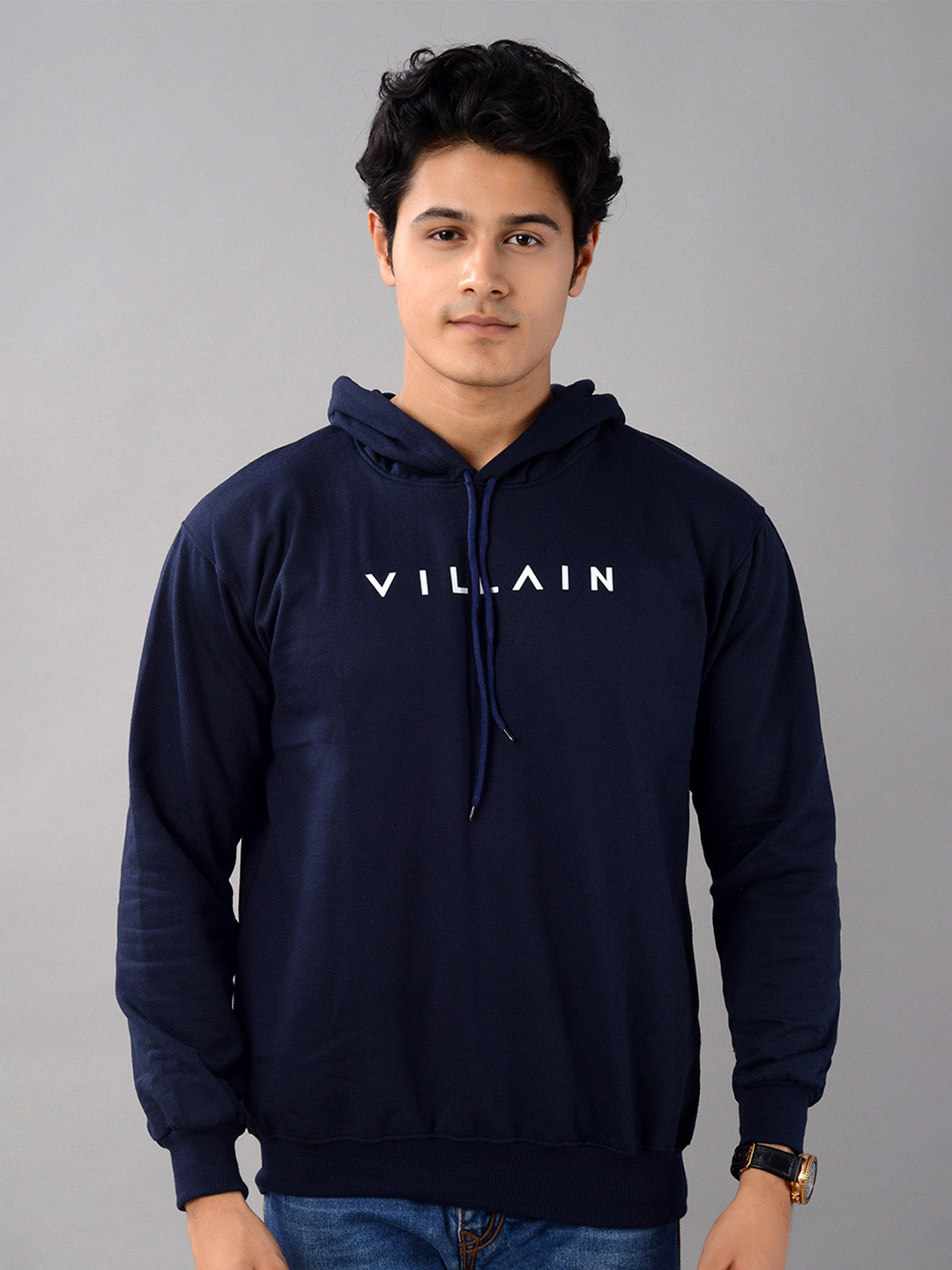 

VILLAIN Brand Logo Printed Hooded Sweatshirt, Navy blue