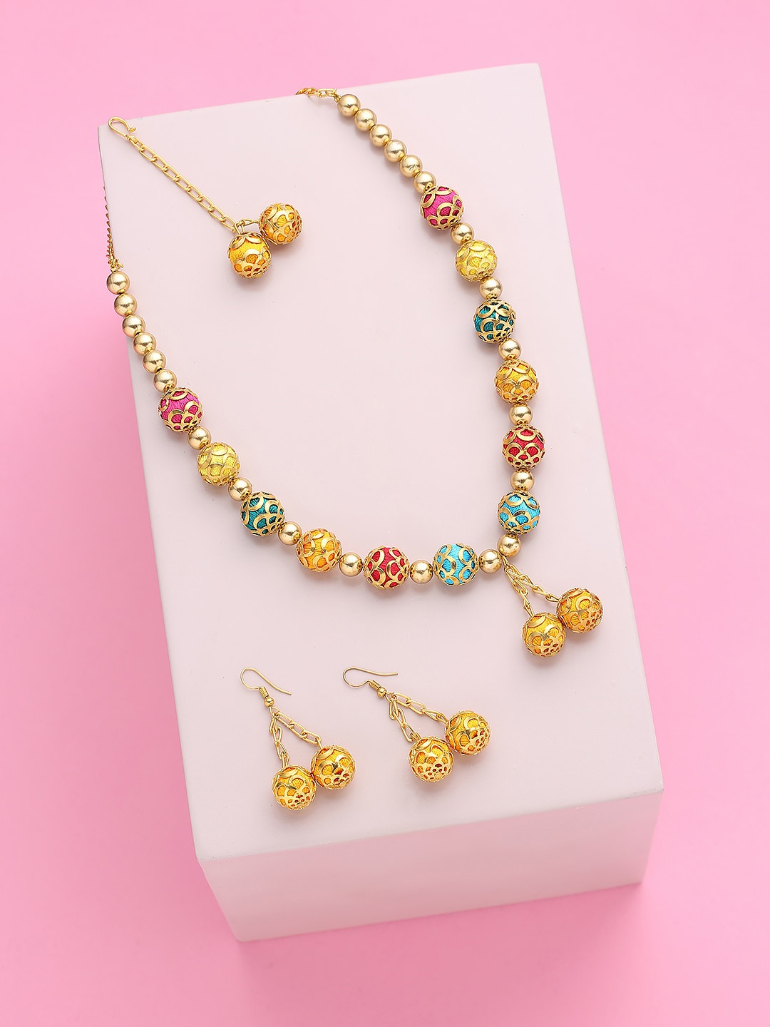 

AKSHARA Gold-Plated Beads Beaded Necklace With Earrings & Maang Tika