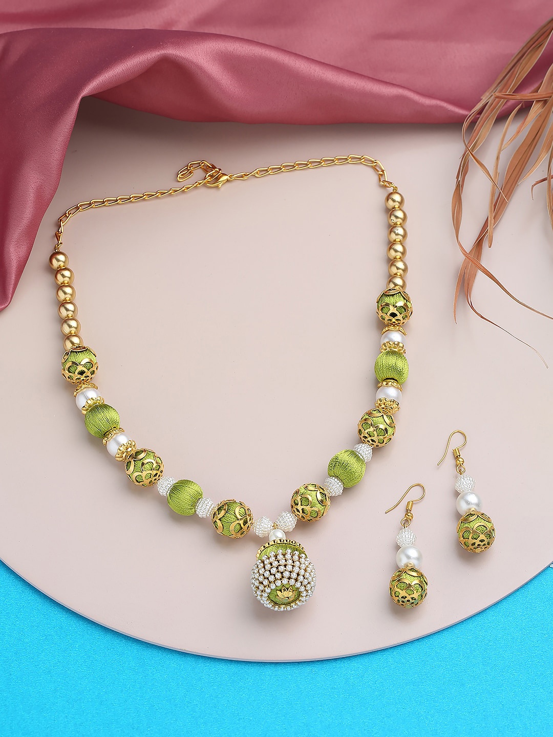 

AKSHARA Gold-Plated Stone Studded & Pearl Beaded Jewellery Set, Green