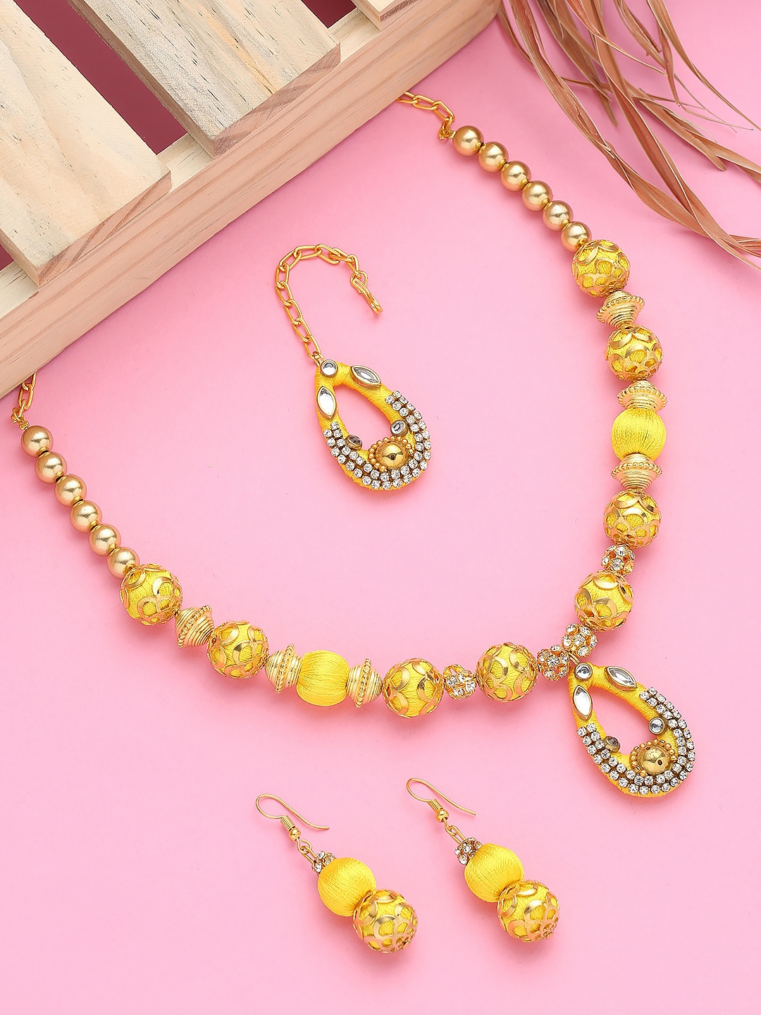 

AKSHARA German Silver Stone Studded & Beaded Necklace With Earrings & Maang Tika, Yellow