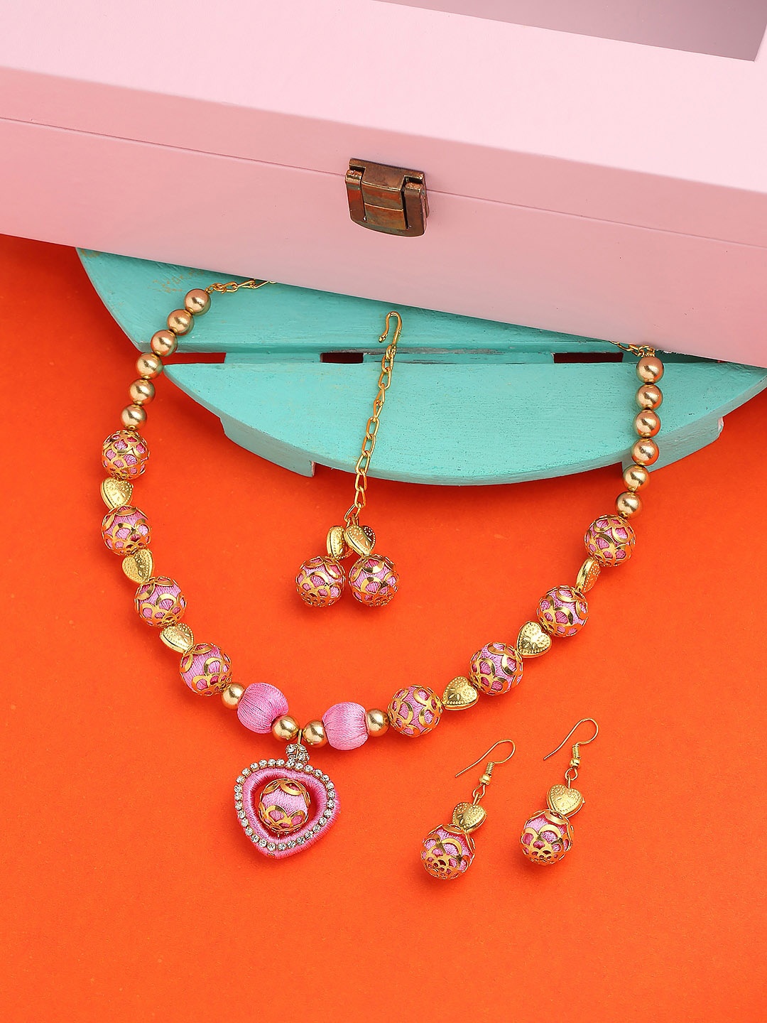 

AKSHARA Gold-Plated Artificial Stone Studded & Pearl Beaded Jewellery Set, Rose