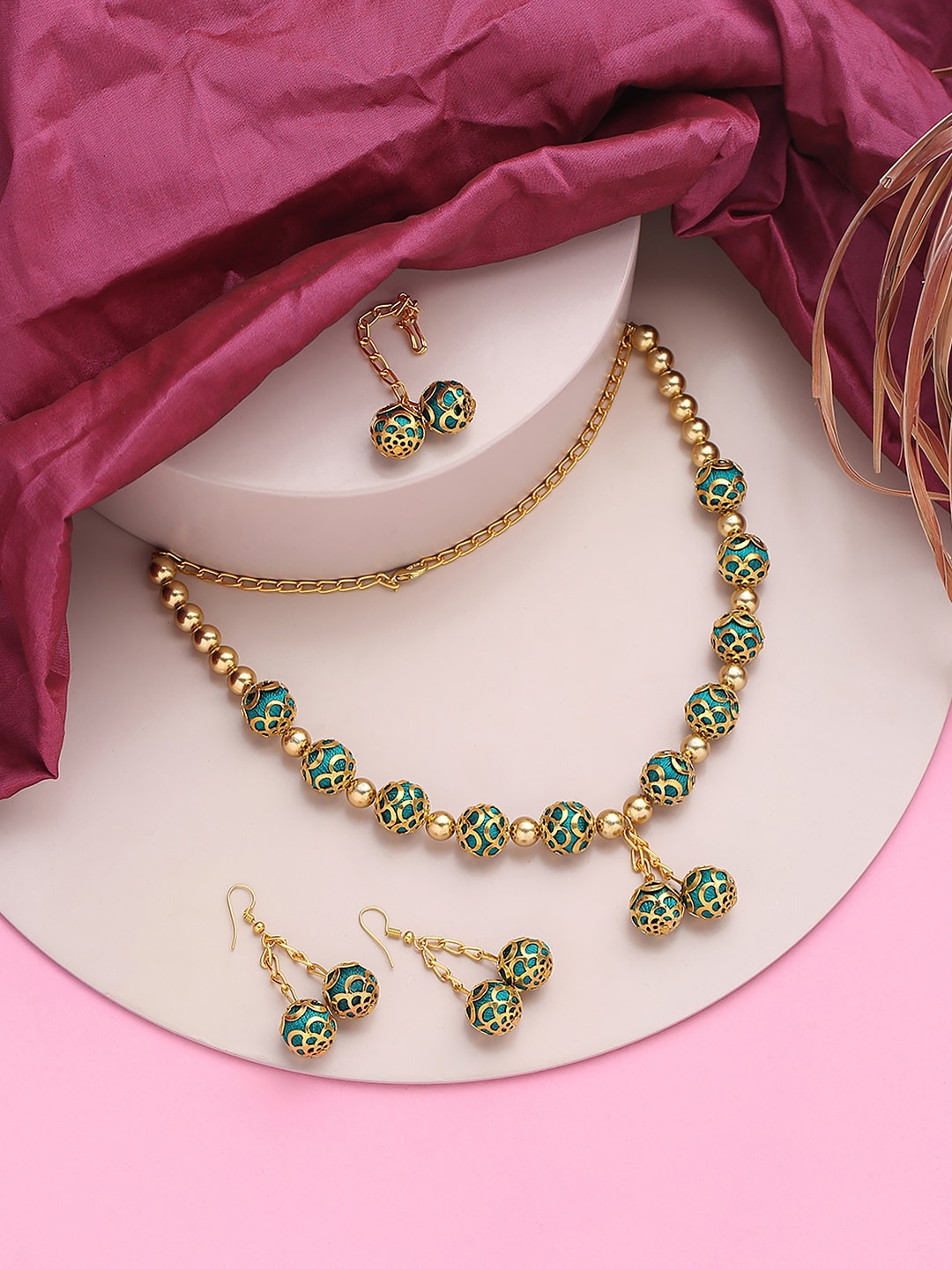 

AKSHARA Gold-Plated Beads Beaded Necklace With Earrings & Maang Tika