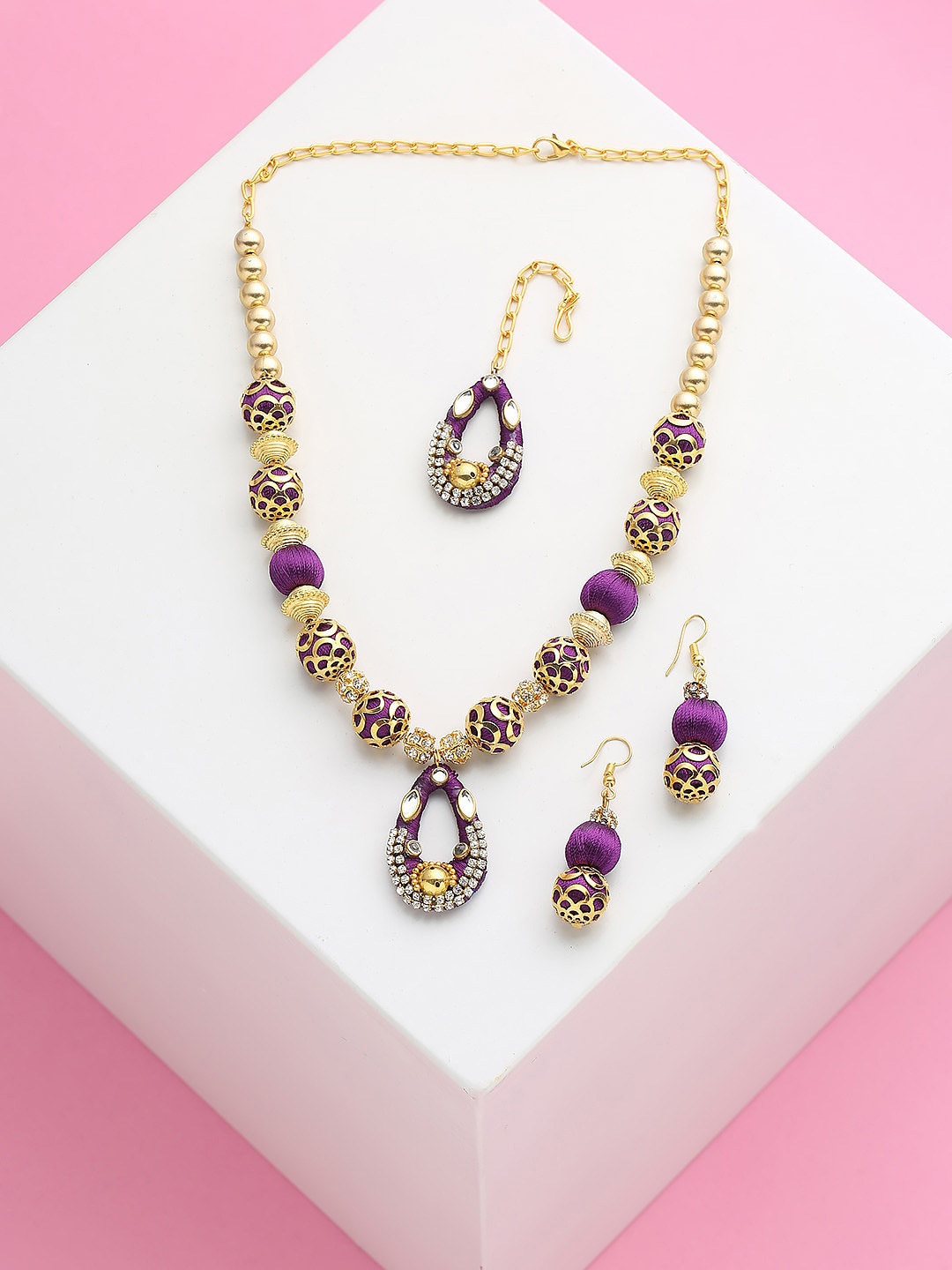 

AKSHARA Gold-Plated Stone Studded & Pearl Beaded Jewellery Set, Purple