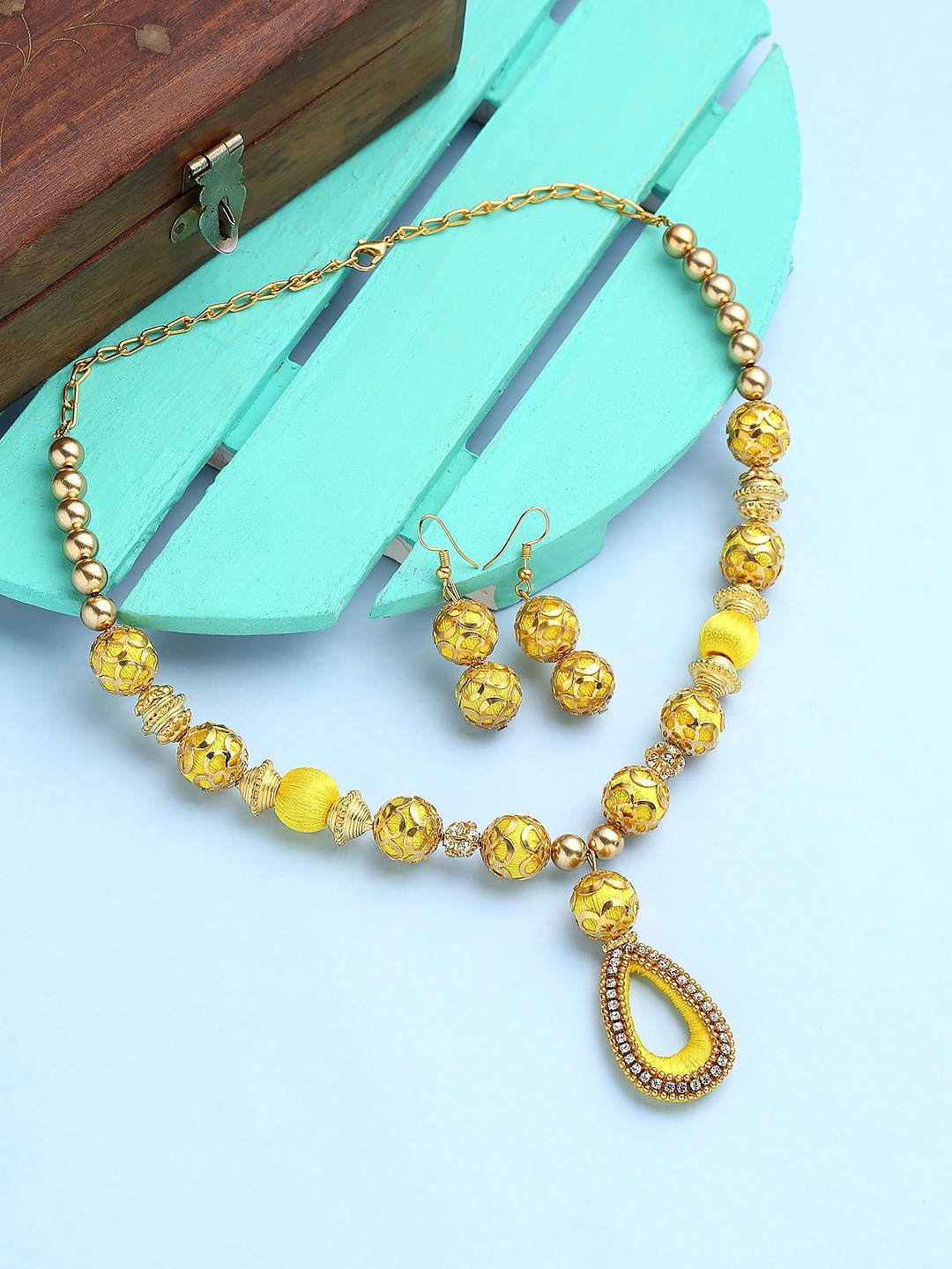 

AKSHARA German Silver Stone Studded & Beaded Necklace And Earrings, Yellow