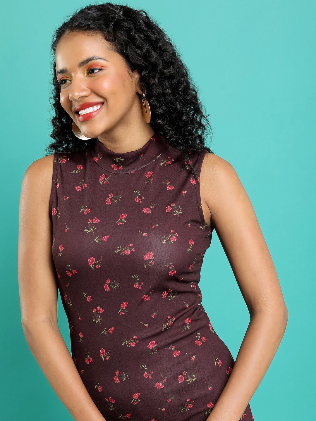

KETCH Mock Neck Floral Printed Bodycon Dress, Burgundy