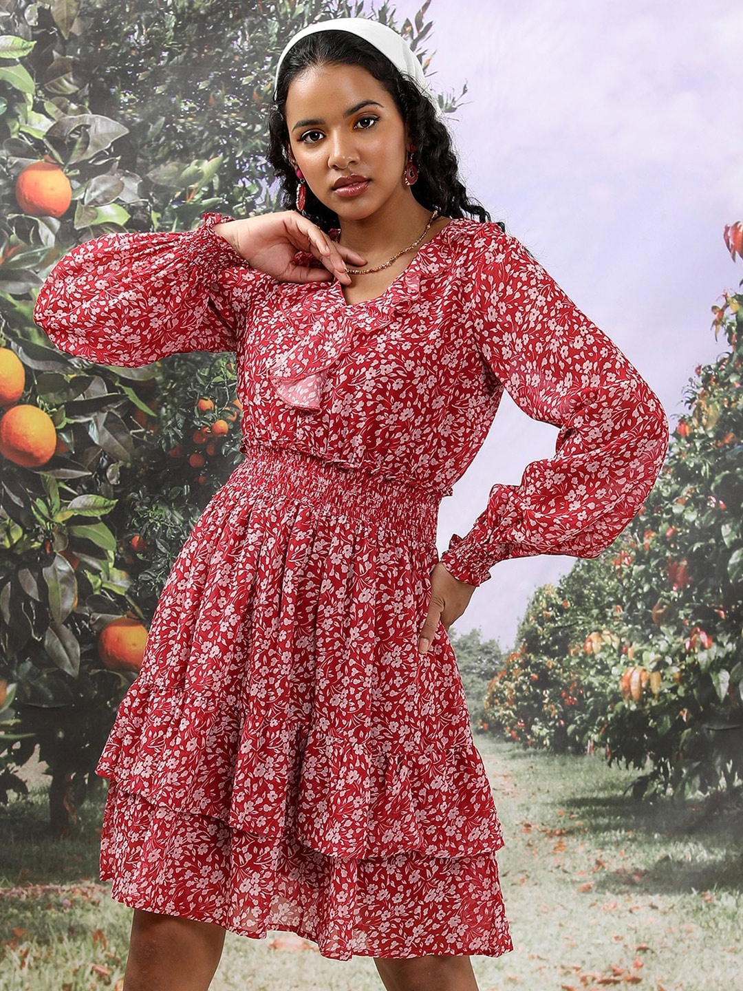 

Tokyo Talkies Floral Printed Puff Sleeve Layered Fit & Flare Dress, Maroon