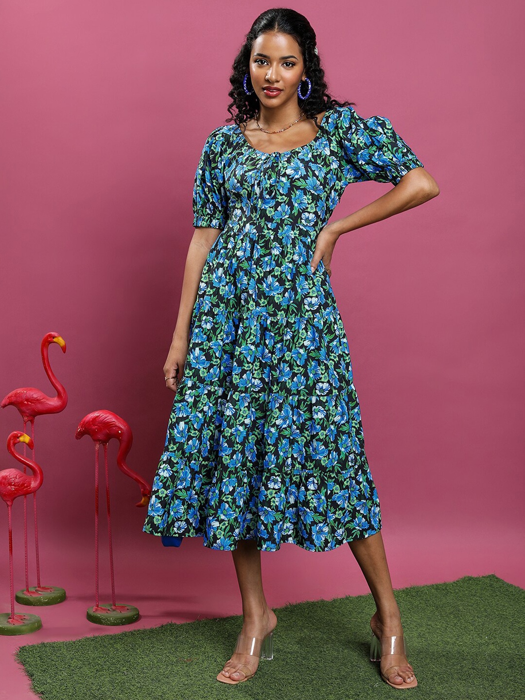 

Tokyo Talkies Black & Blue Floral Printed Puff Sleeves Fit & Flare Midi Dress