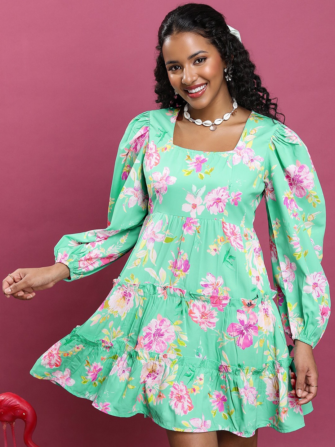 

Tokyo Talkies Floral Printed Square Neck Puff Sleeves Ruffled Tiered A-Line Dress, Sea green