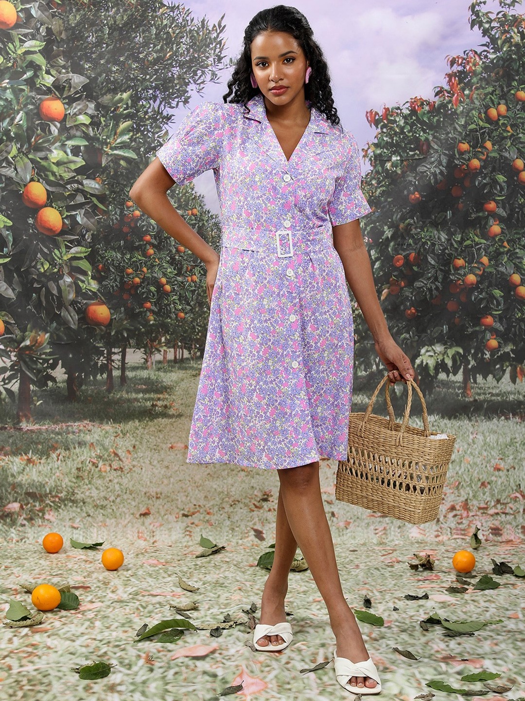 

Tokyo Talkies Blue Floral Printed Shirt Collar Puff Sleeves Belted Shirt Dress