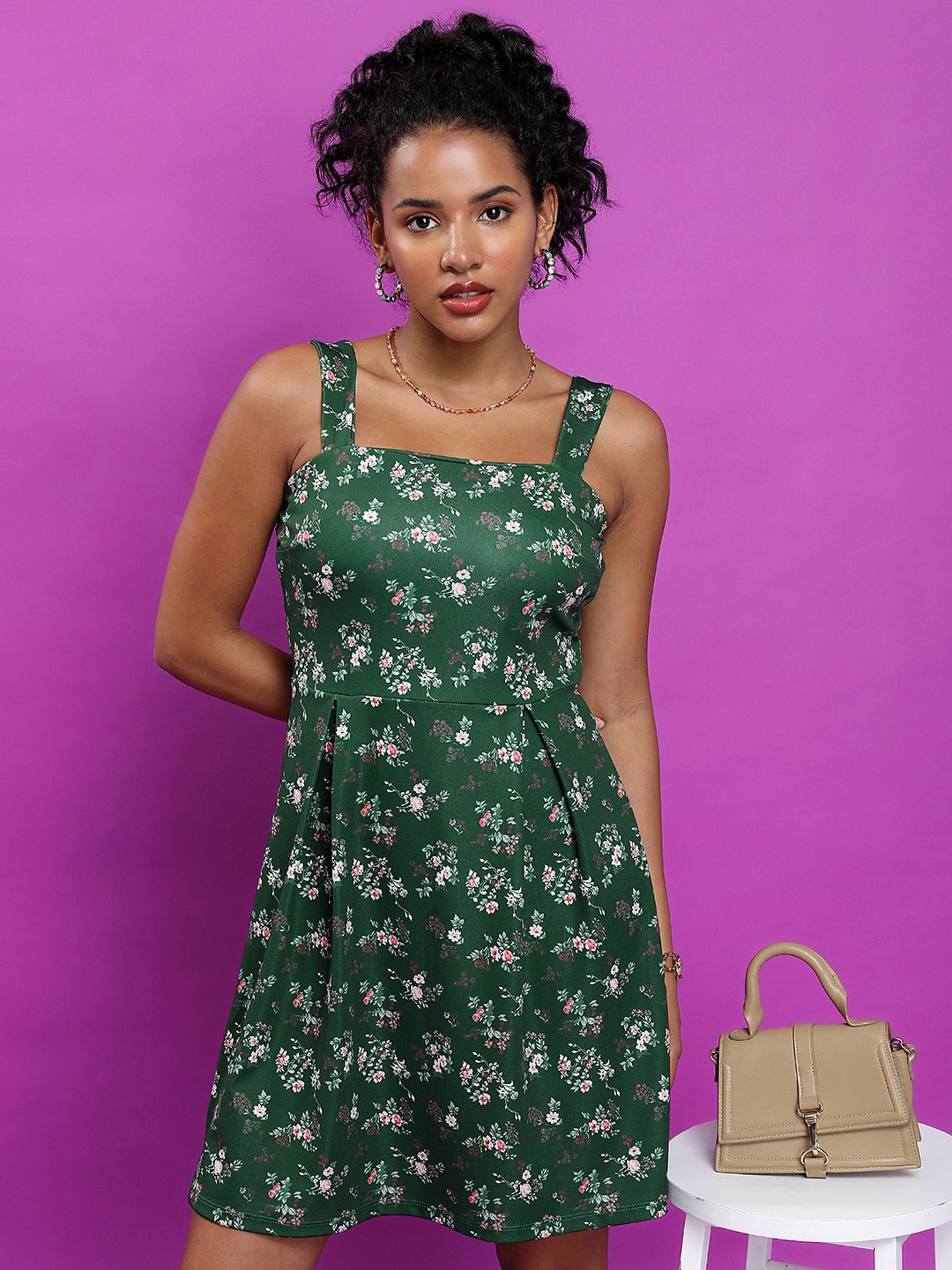 

Tokyo Talkies Floral Printed Pleated A-Line Mini Dress, Green