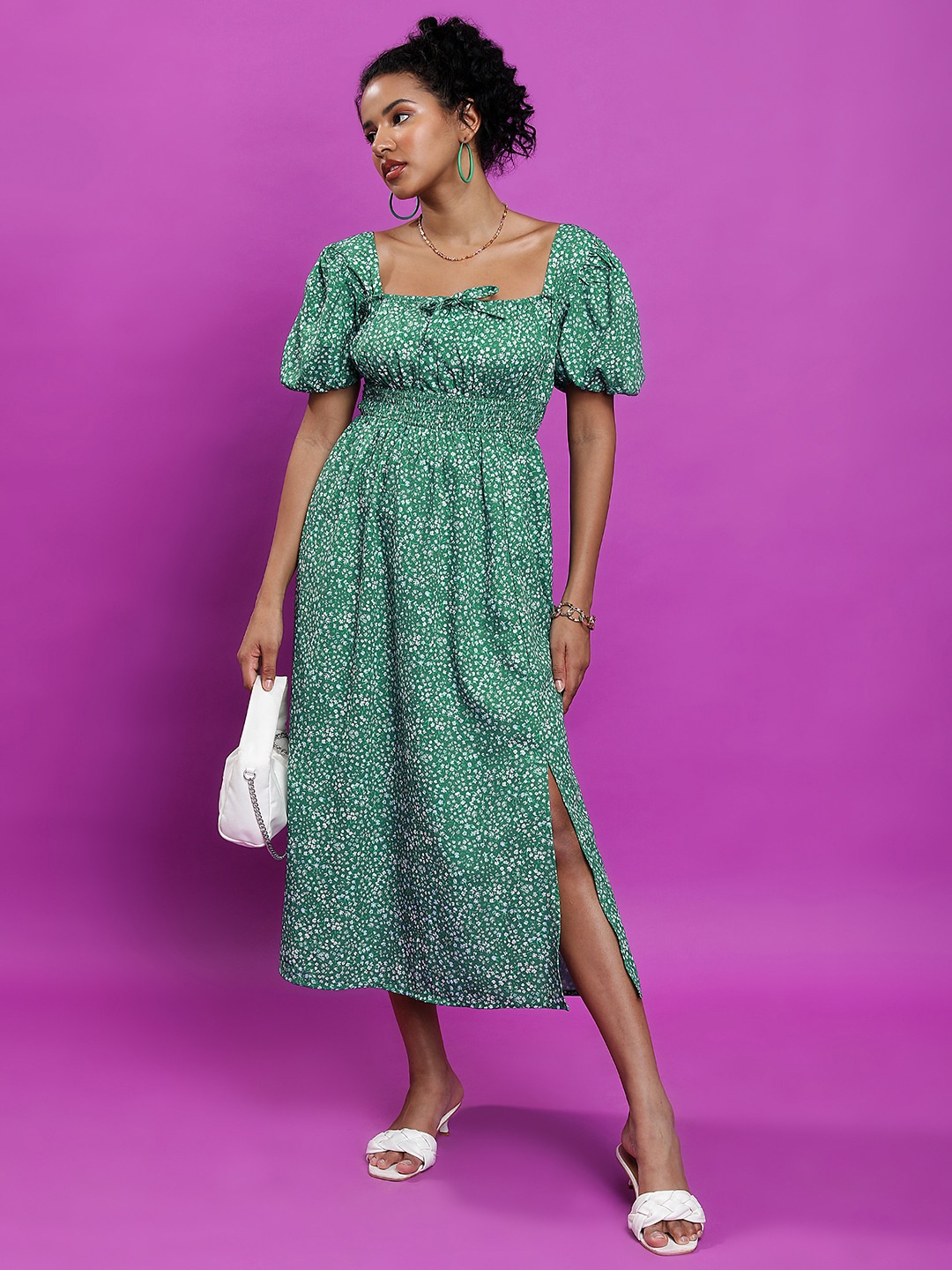 

Tokyo Talkies Floral Printed Tie-Up Detail Puff Sleeves Side Slit Smocked A-Line Dress, Green