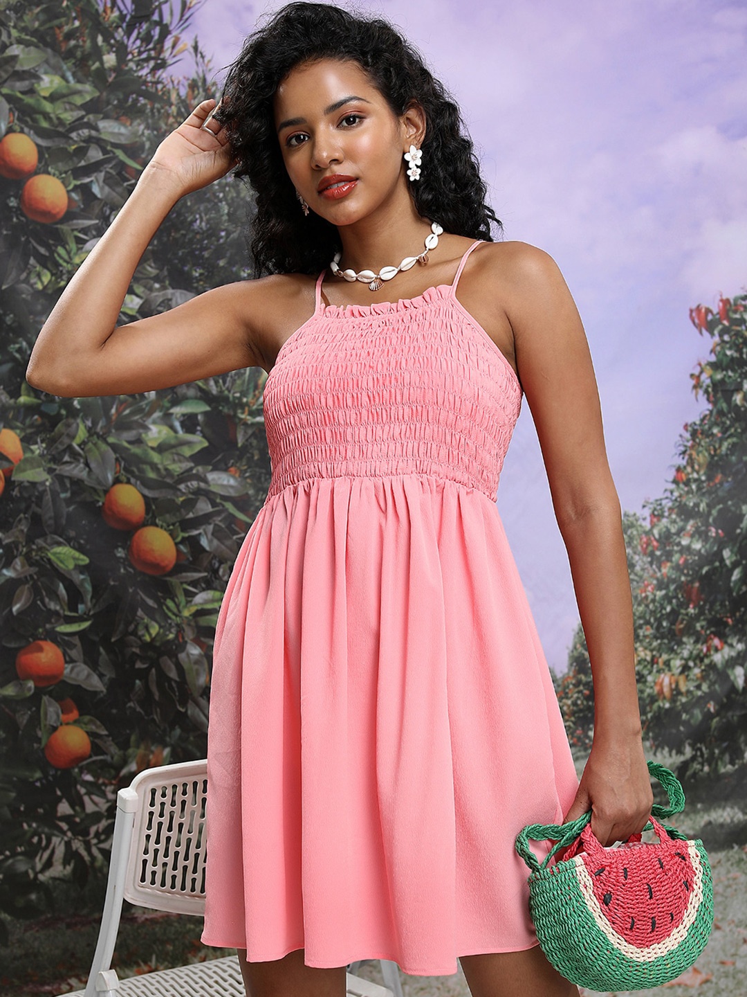 

Tokyo Talkies Shoulder Straps Smocked Fit & Flare Dress, Pink