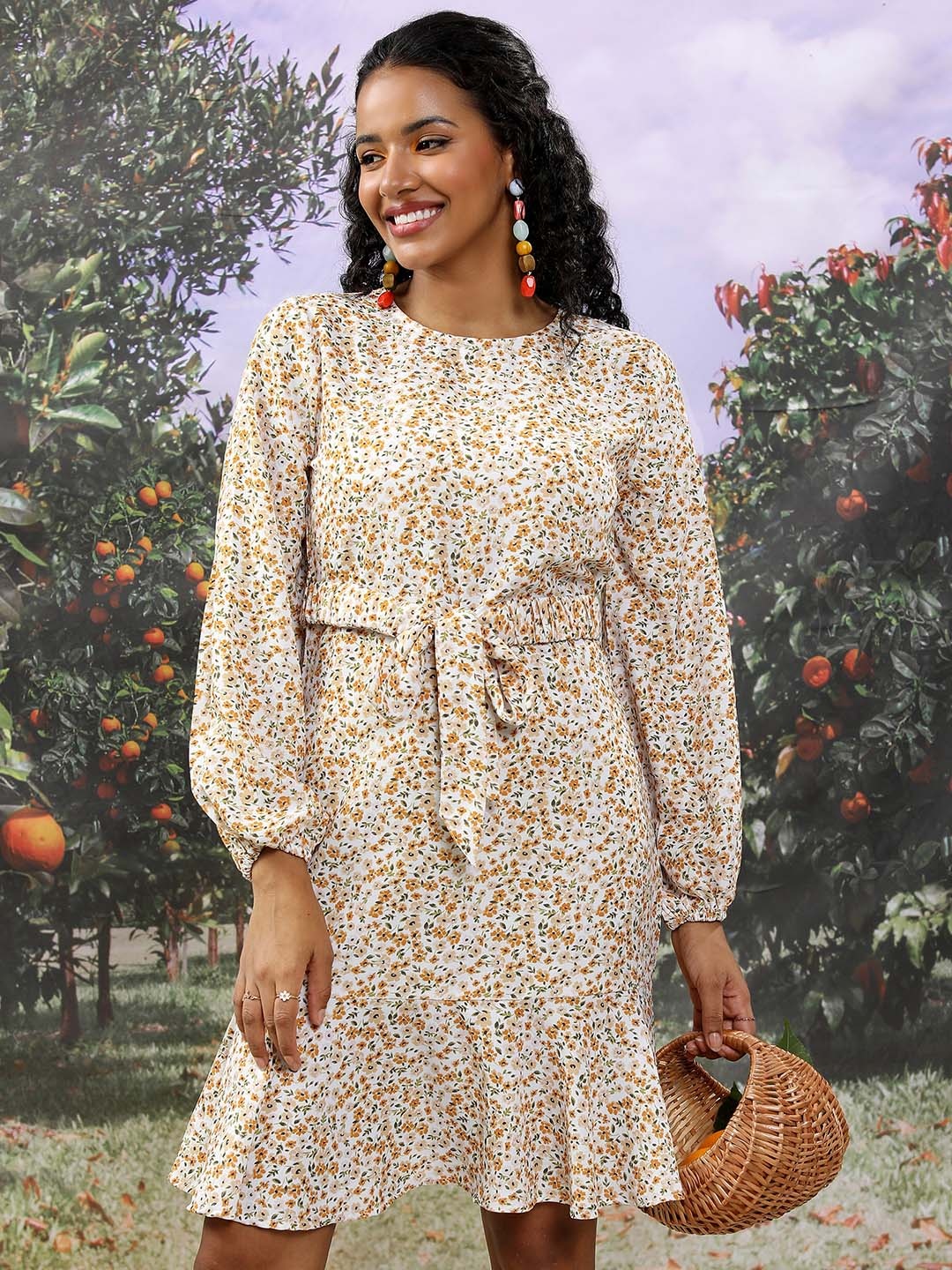 

Tokyo Talkies Floral Printed Puff Sleeves Smocked Ruffled Layered V-Neck Fit & Flare Dress, White