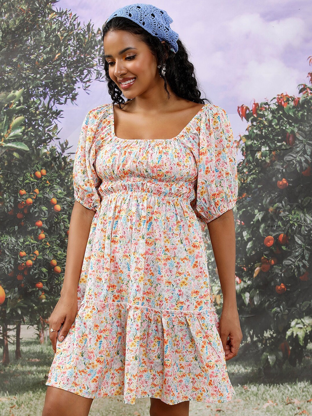 

Tokyo Talkies White Floral Printed Square Neck Puff Sleeve gathered Fit & Flare Dress