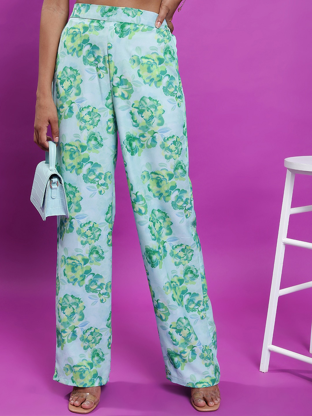 

Tokyo Talkies Women Floral Printed Flared Parallel Trousers, Green