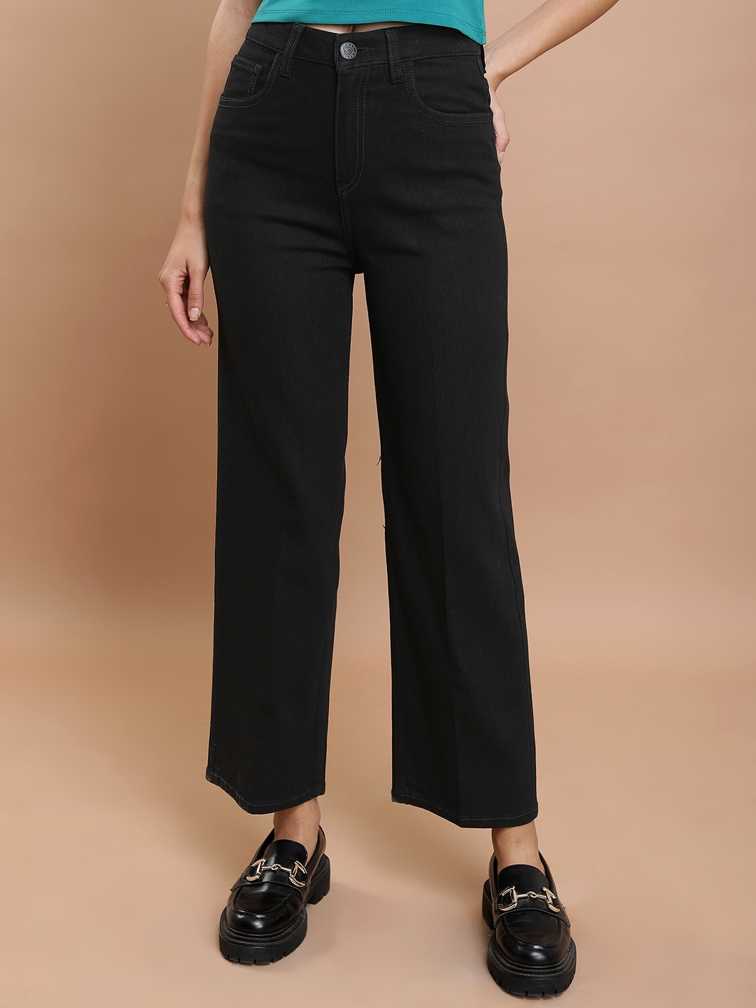 

Basics By Tokyo Talkies Women Flared Mid-Rise Clean Look Straight Fit Stretchable Jeans, Black
