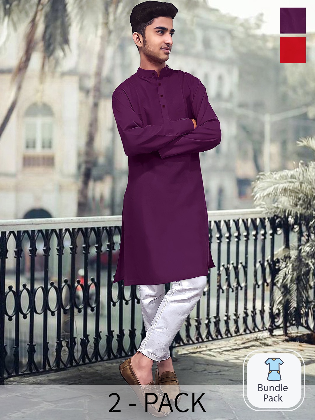 

1 Stop Fashion Selection Of 2 Band Collar Long Sleeves Cotton Kurta, Purple