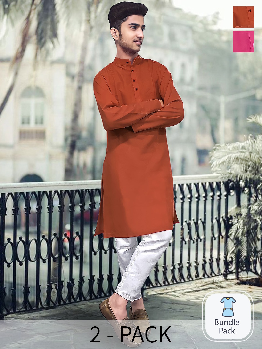 

1 Stop Fashion Selection Of 2 Mandarin Collar Cotton Straight Kurta, Rust