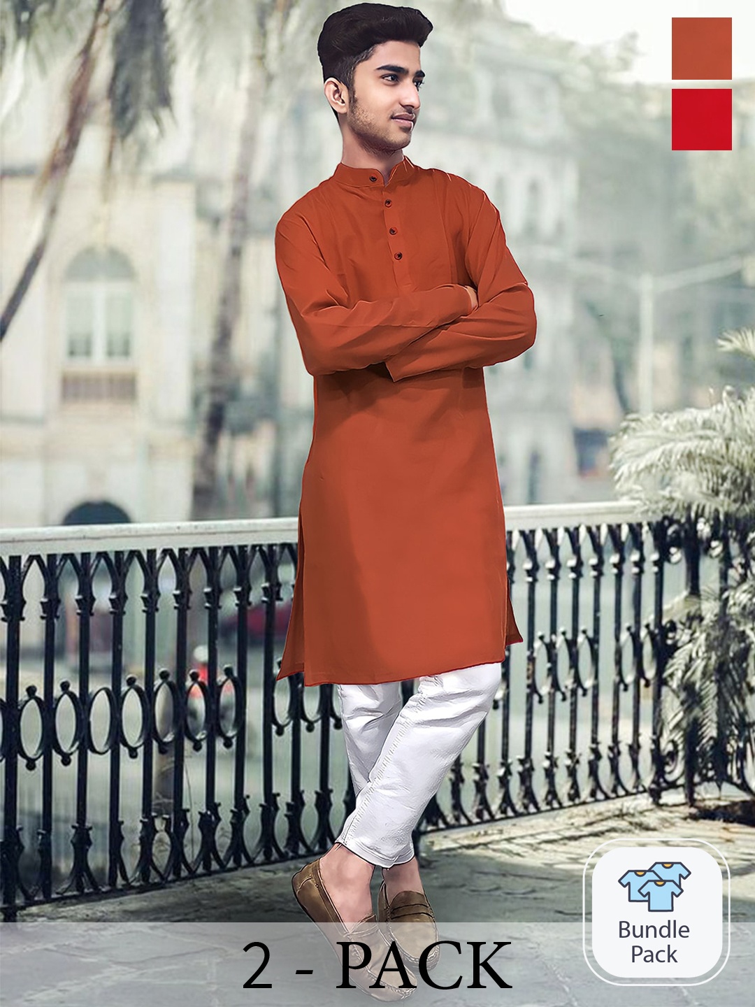 

1 Stop Fashion Selection Of 2 Mandarin Collar Cotton Straight Kurta, Rust