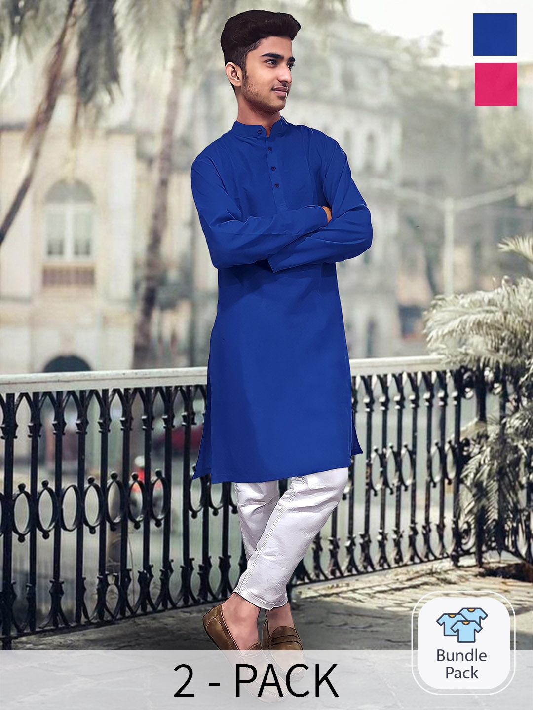 

1 Stop Fashion Selection Of 2 Mandarin Collar Straight Kurta, Blue