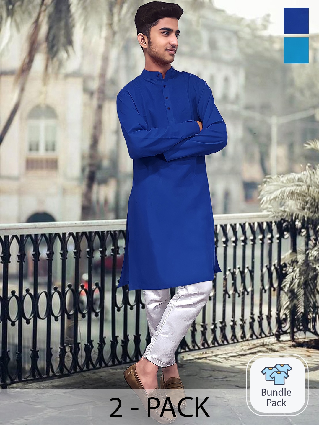 

1 Stop Fashion Selection Of 2 Band Collar Long Sleeves Cotton Kurta, Navy blue