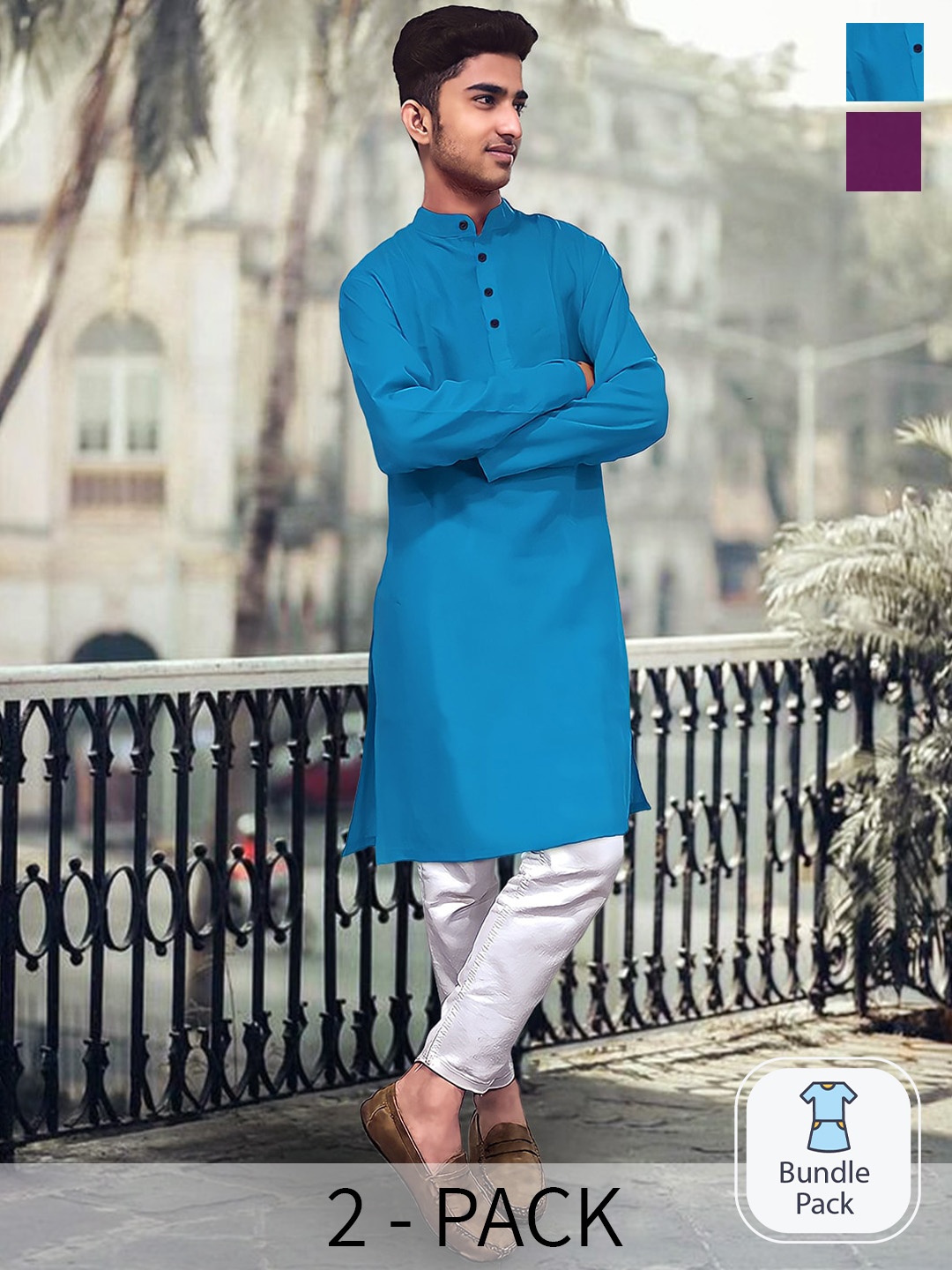 

1 Stop Fashion Selection Of 2 Mandarin Collar Cotton Straight Kurta, Blue