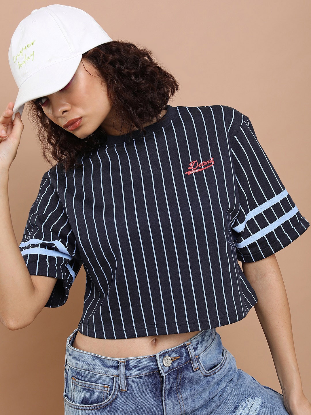 

Tokyo Talkies Striped Boxy Drop-Shoulder Boxy T-shirt, Navy blue