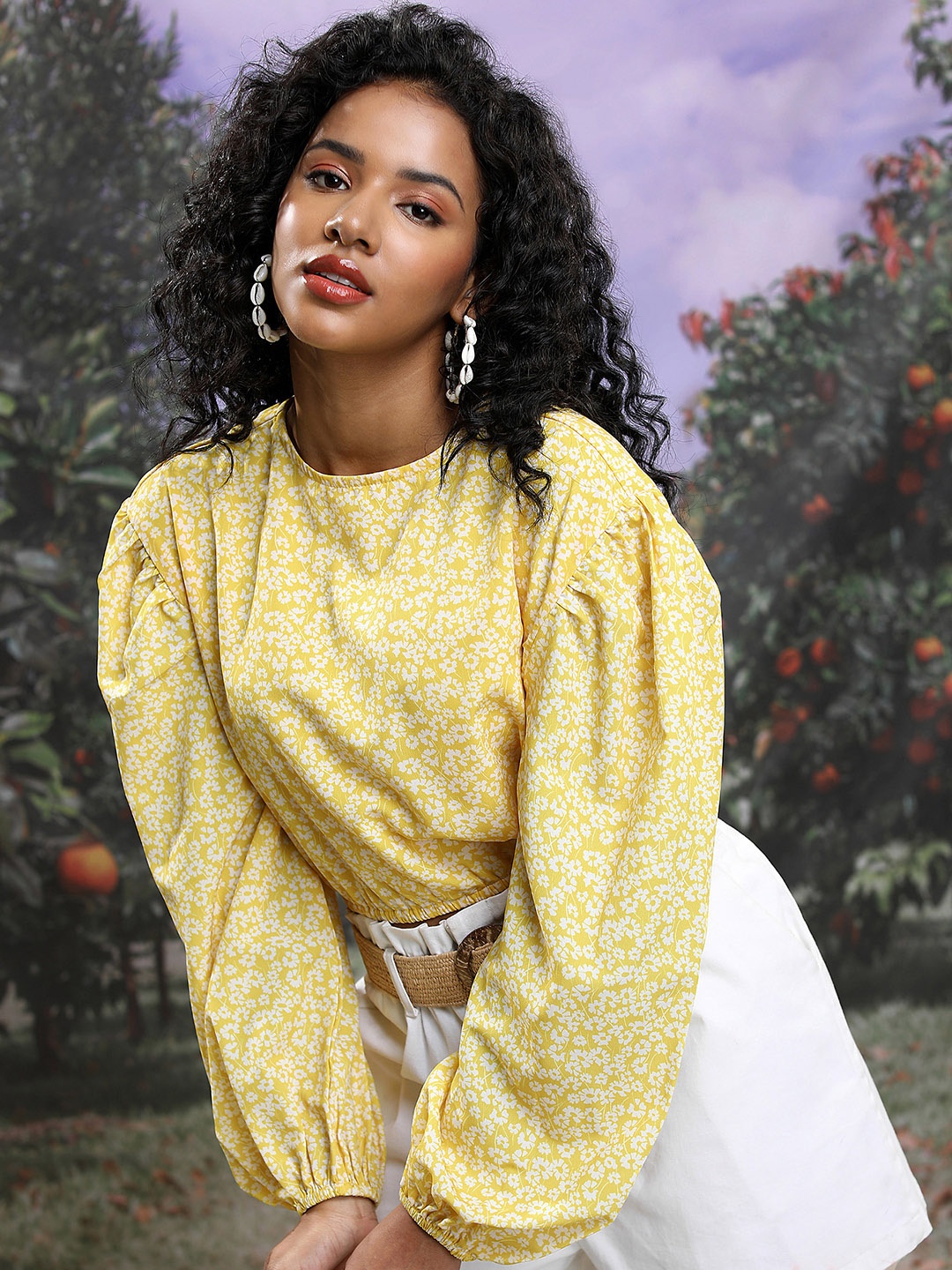 

Tokyo Talkies Yellow Floral Print Flared Sleeve Blouson Crop Top