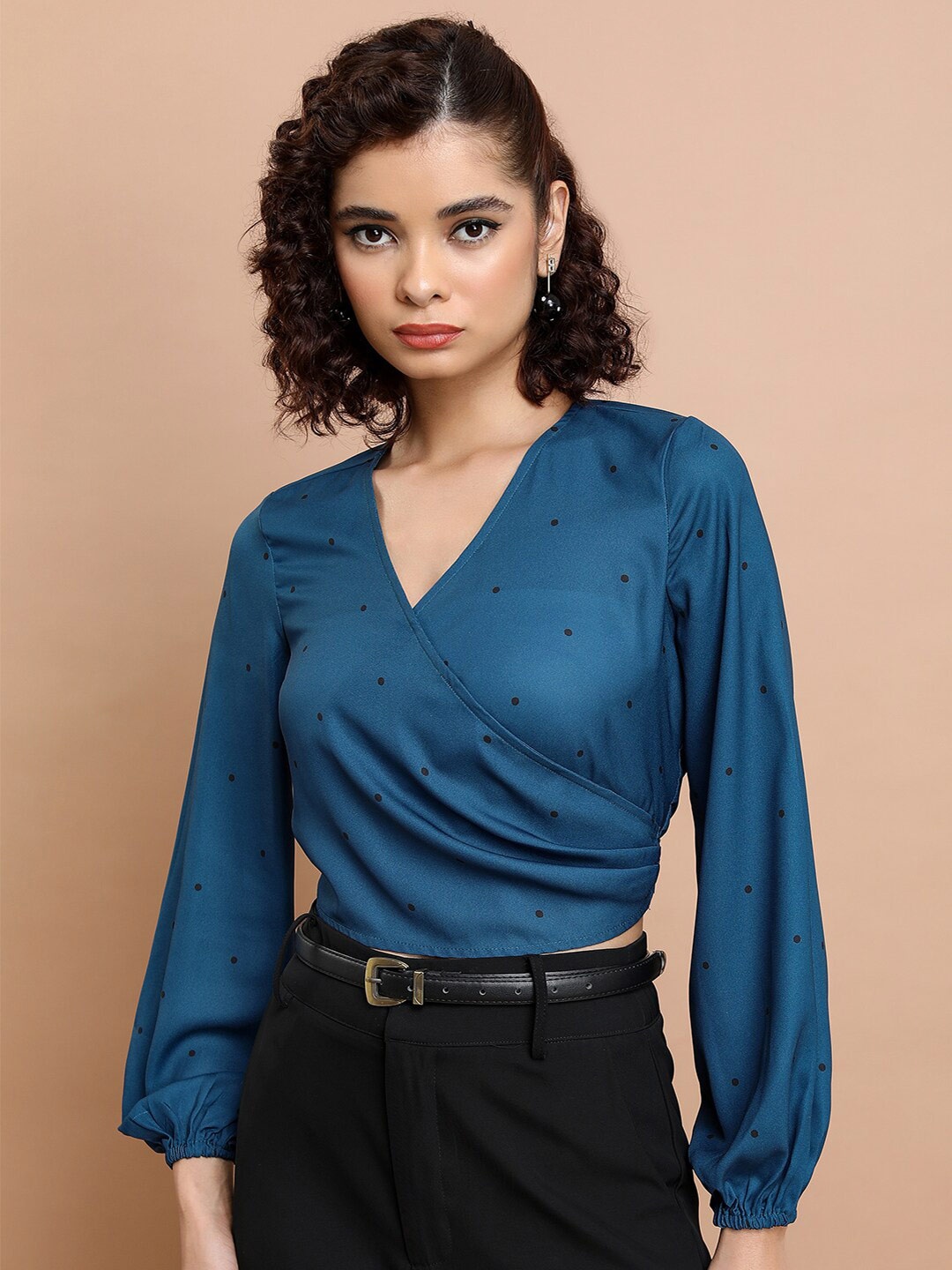 

Tokyo Talkies Blue Polka Dots Printed Puff Sleeves Wrap Crop Top