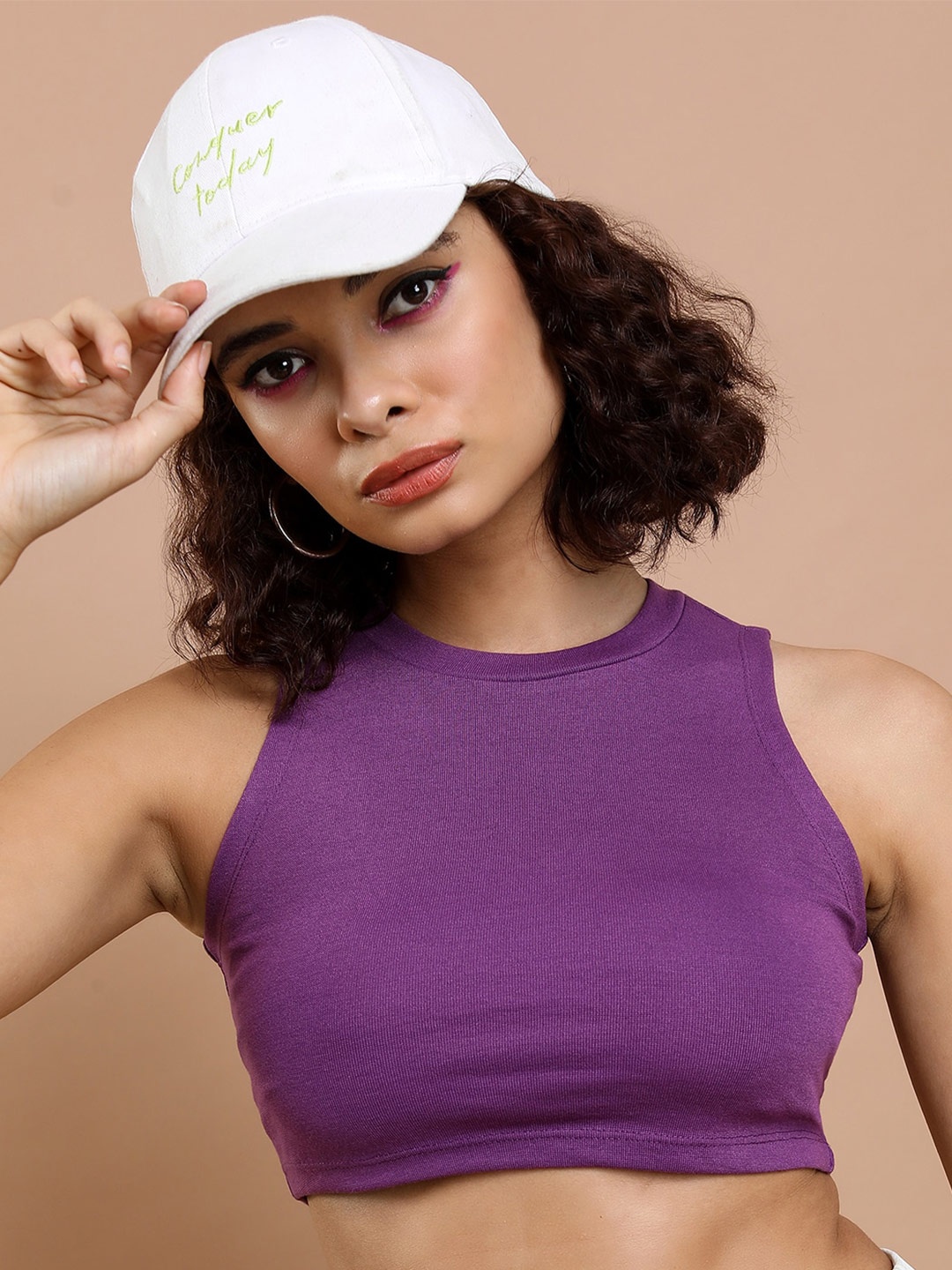 

Tokyo Talkies Purple Self Design Round Neck Fitted Crop Top