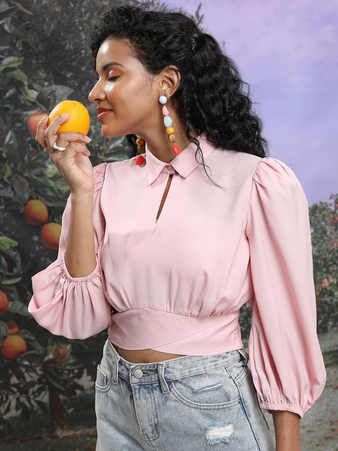 

Tokyo Talkies Pink Puff Sleeve Shirt Style Crop Top